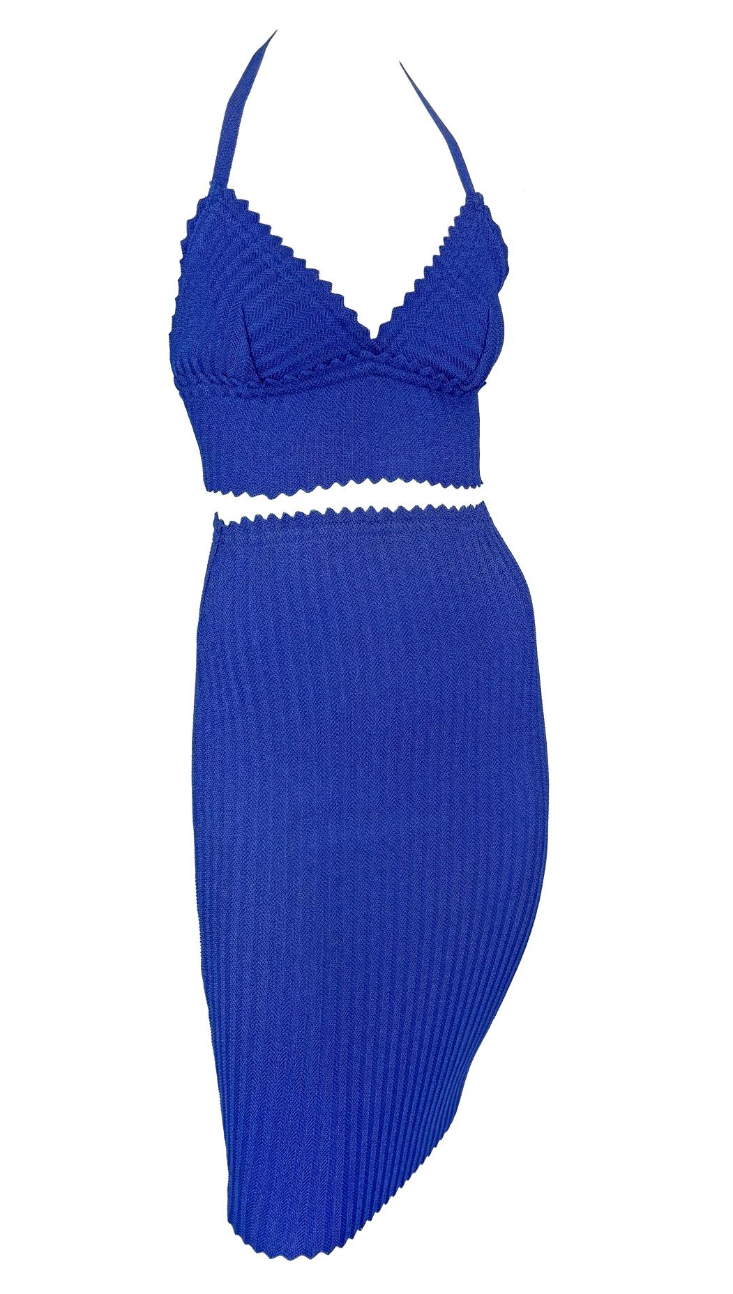 Late 1990s Fendi by Karl Lagerfeld Bodycon Knit Blue Bralette Crop Top Skirt Set - RealList