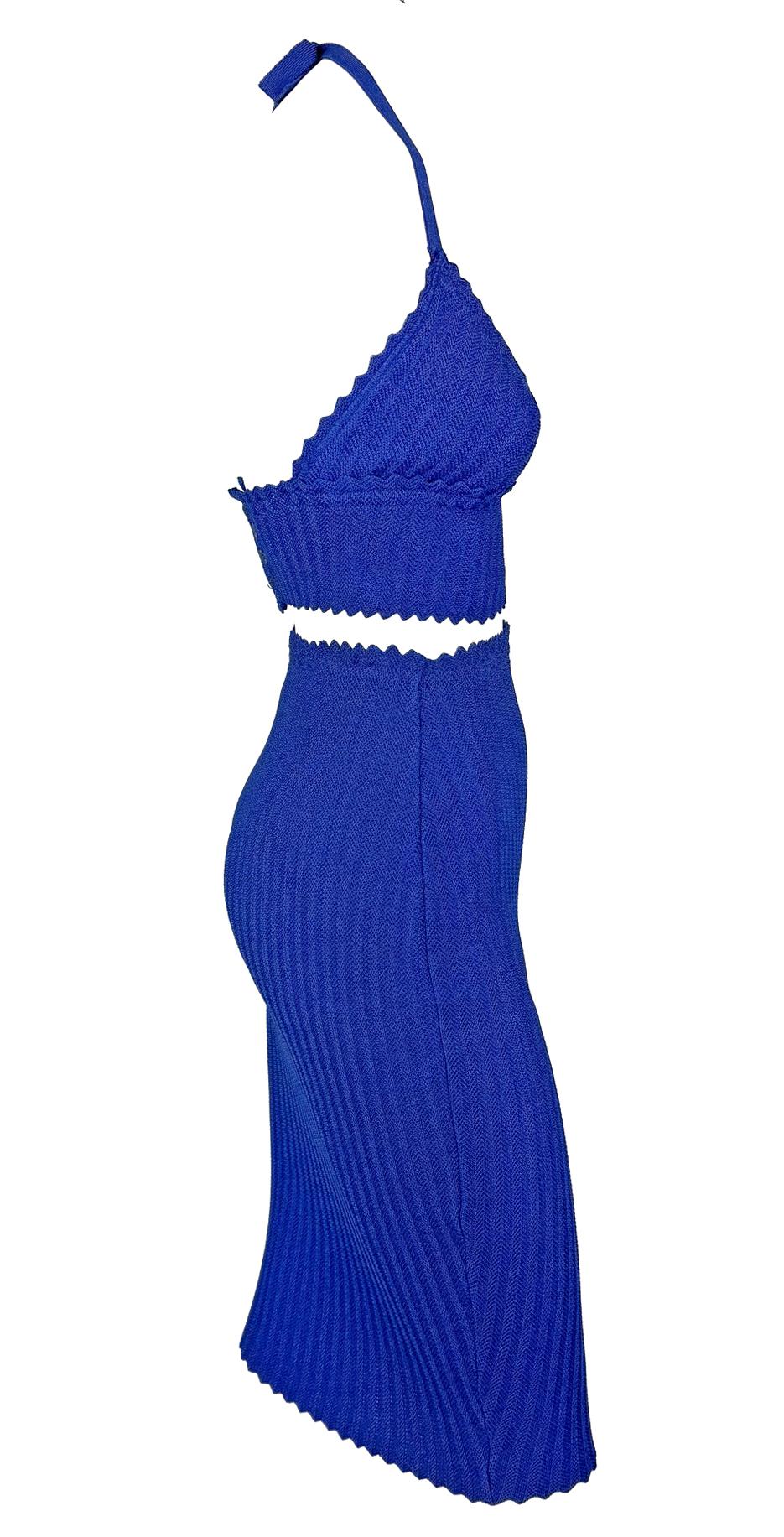 Late 1990s Fendi by Karl Lagerfeld Bodycon Knit Blue Bralette Crop Top Skirt Set - RealList