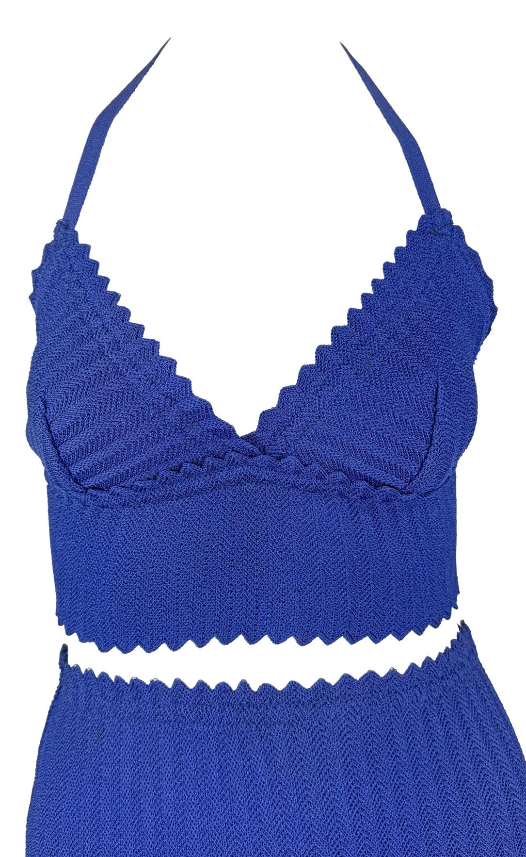 Late 1990s Fendi by Karl Lagerfeld Bodycon Knit Blue Bralette Crop Top Skirt Set - RealList