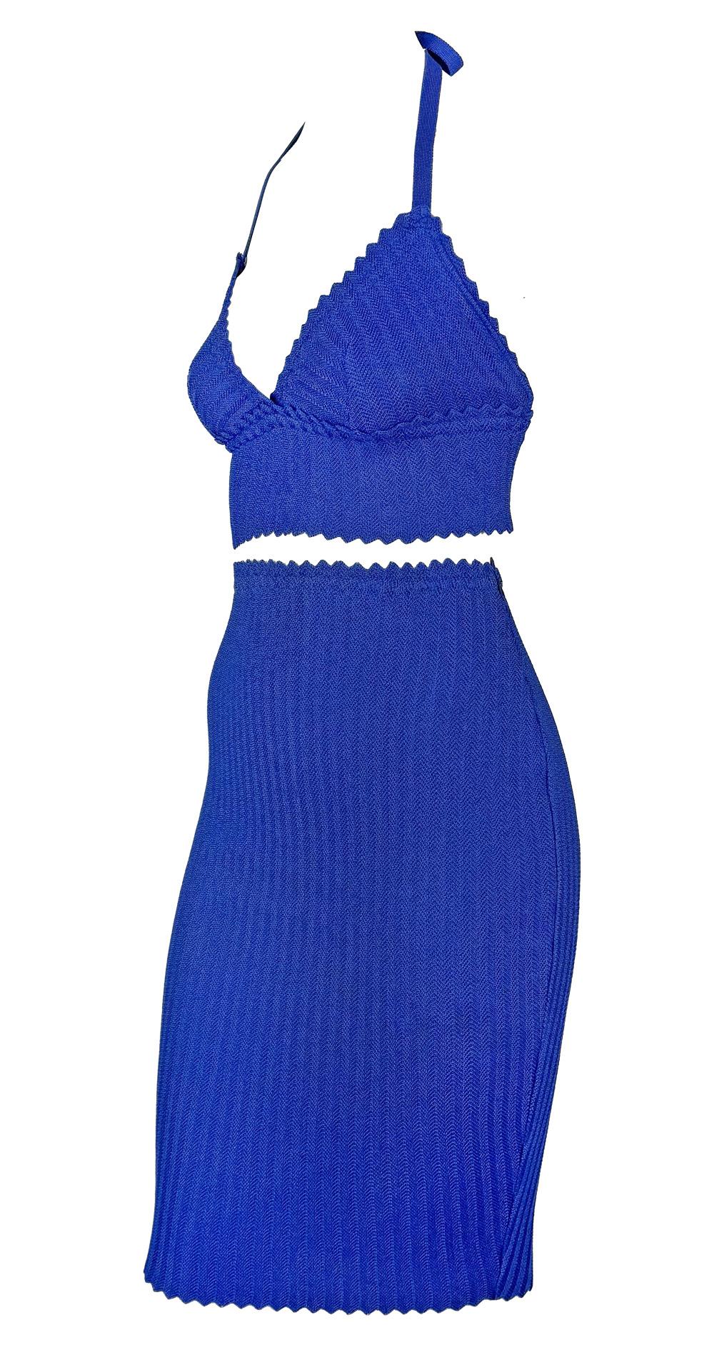 Late 1990s Fendi by Karl Lagerfeld Bodycon Knit Blue Bralette Crop Top Skirt Set - RealList