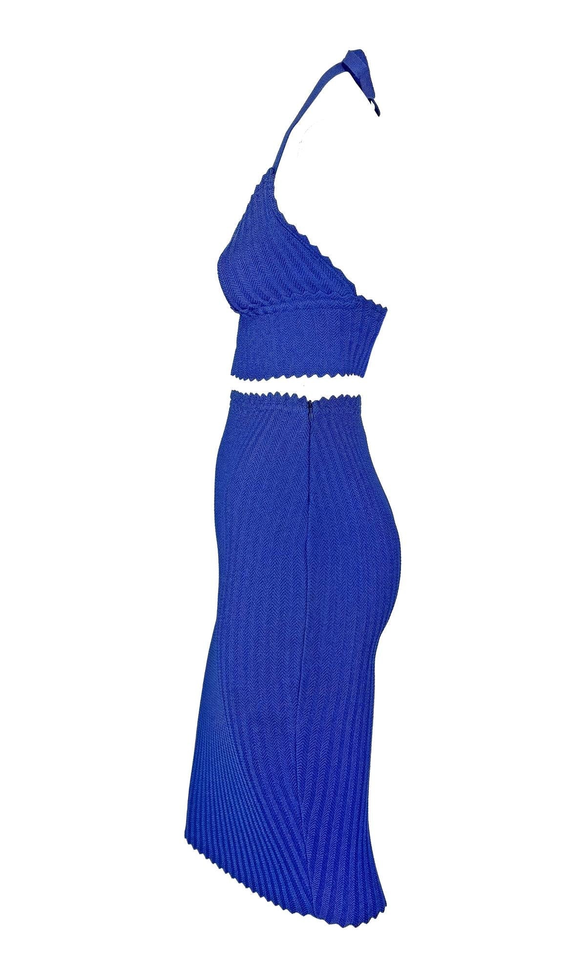 Late 1990s Fendi by Karl Lagerfeld Bodycon Knit Blue Bralette Crop Top Skirt Set - RealList