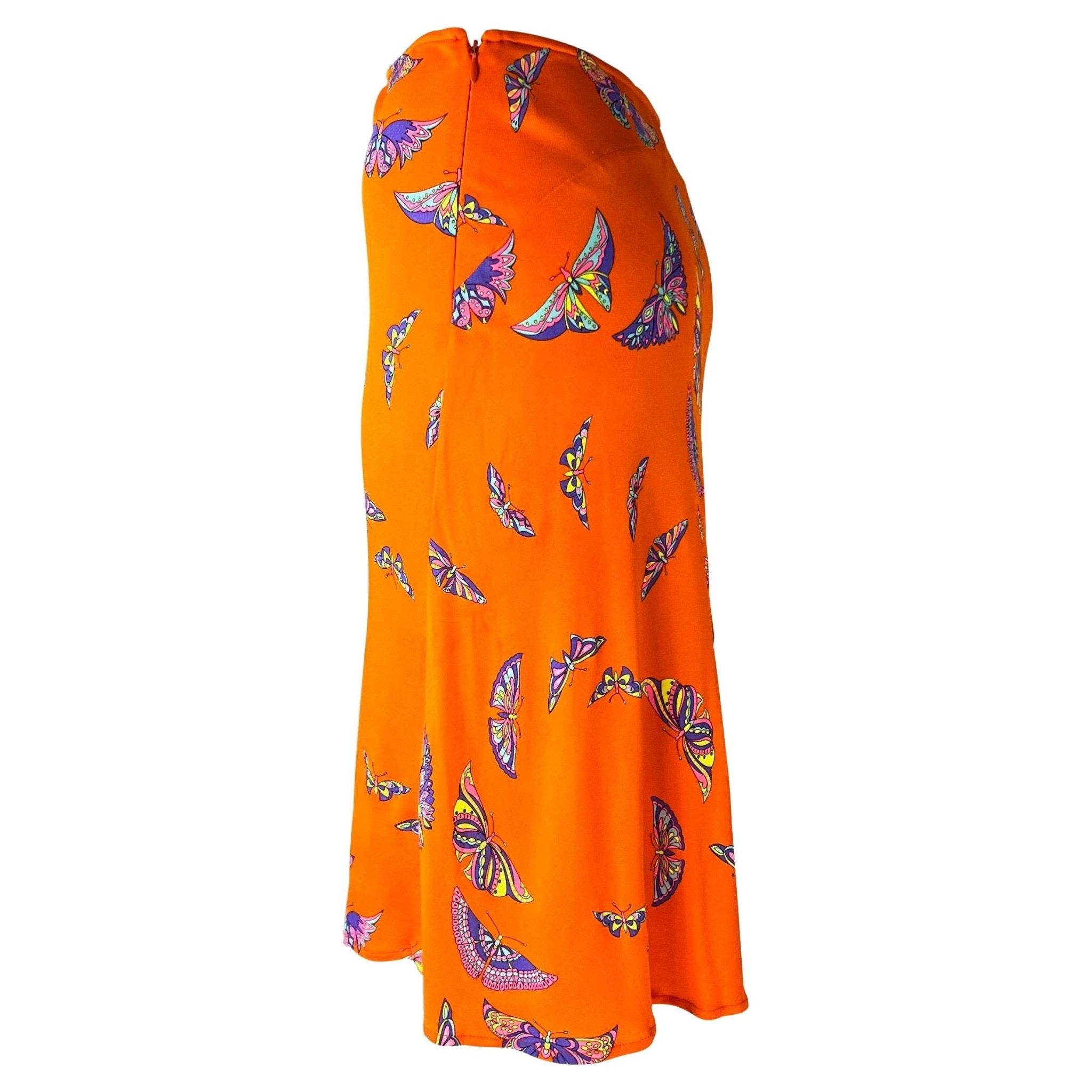 Late 1990s Gianni Versace by Donatella Neon Orange Butterfly Print Viscose Skirt - RealList