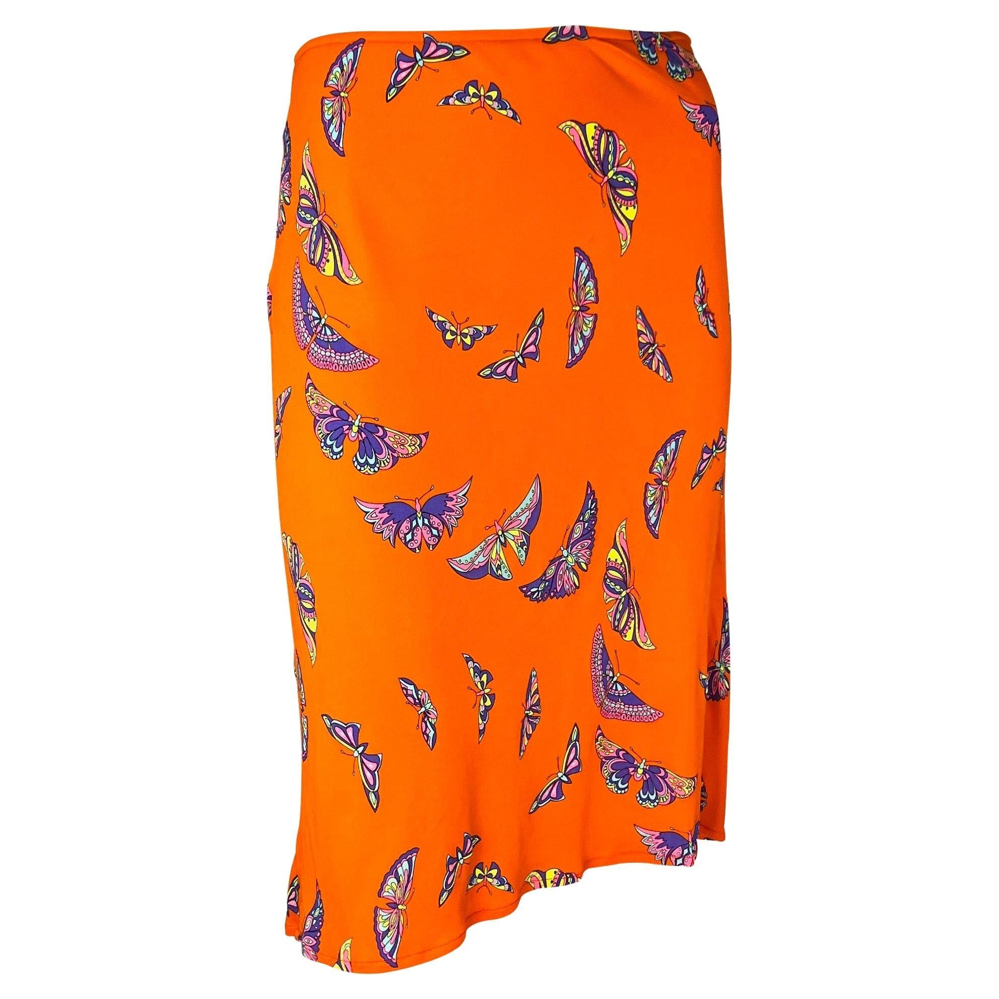Late 1990s Gianni Versace by Donatella Neon Orange Butterfly Print Viscose Skirt - RealList