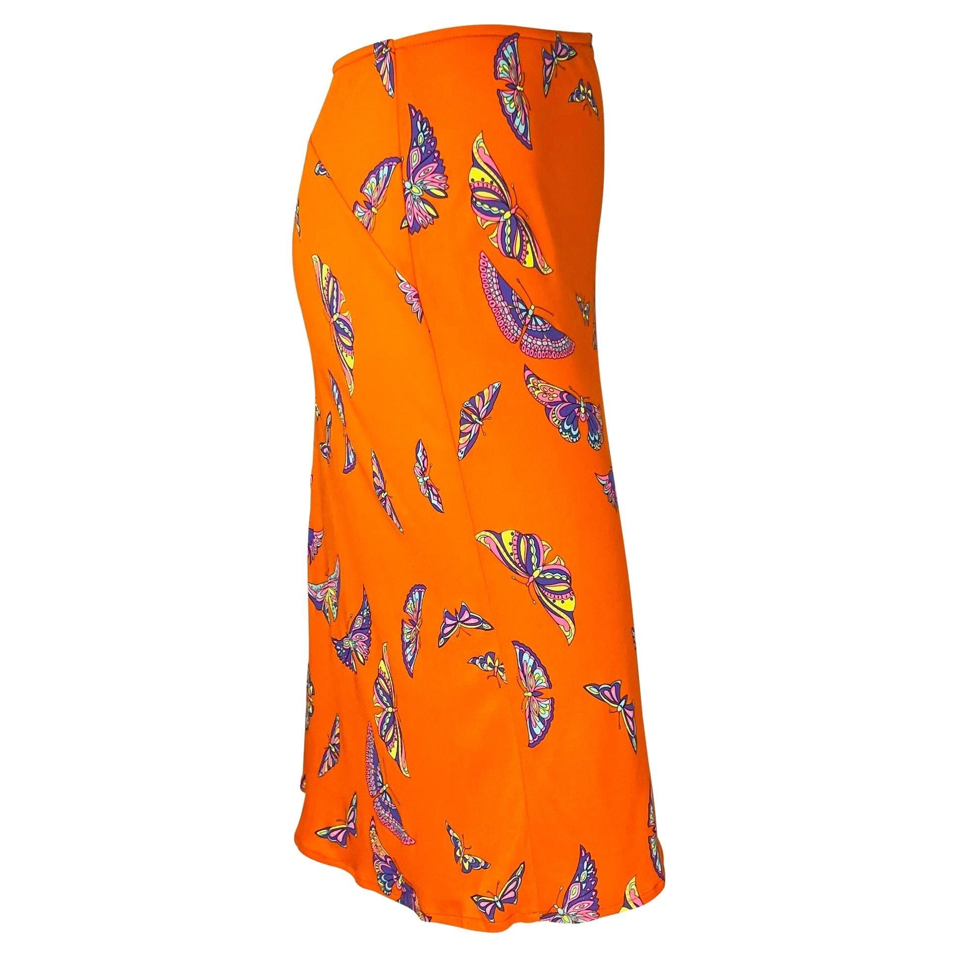 Late 1990s Gianni Versace by Donatella Neon Orange Butterfly Print Viscose Skirt - RealList
