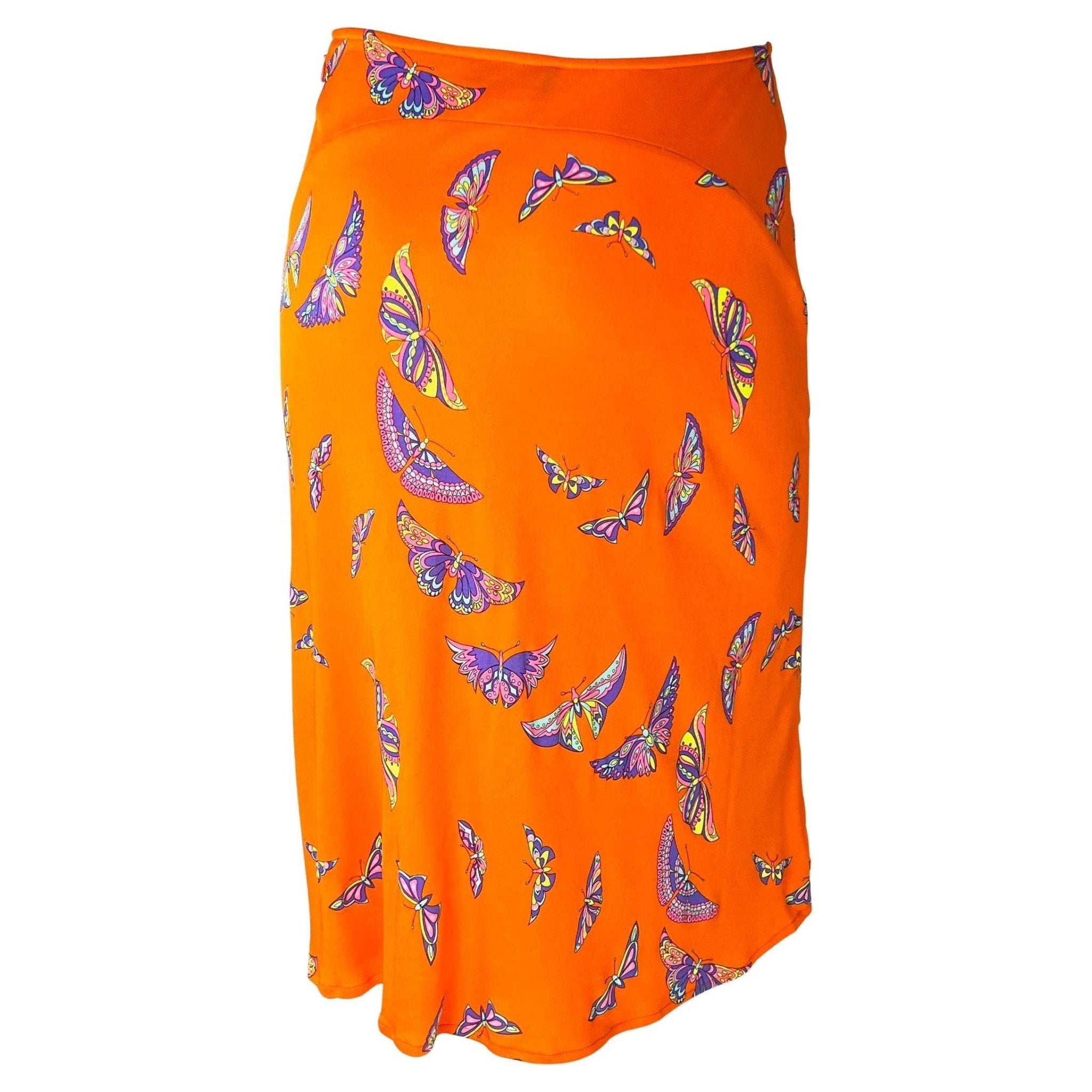 Late 1990s Gianni Versace by Donatella Neon Orange Butterfly Print Viscose Skirt - RealList
