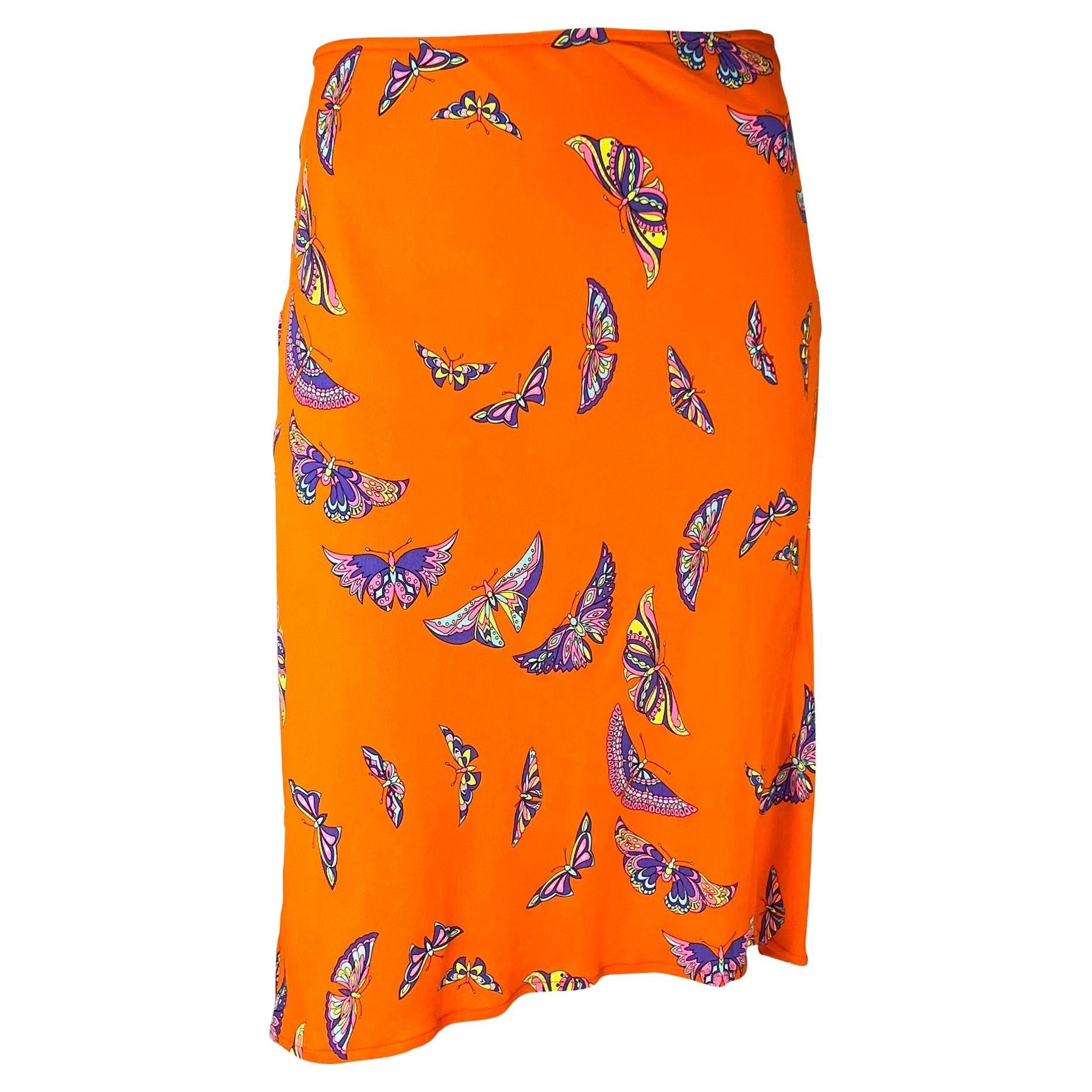 Late 1990s Gianni Versace by Donatella Neon Orange Butterfly Print Viscose Skirt - RealList