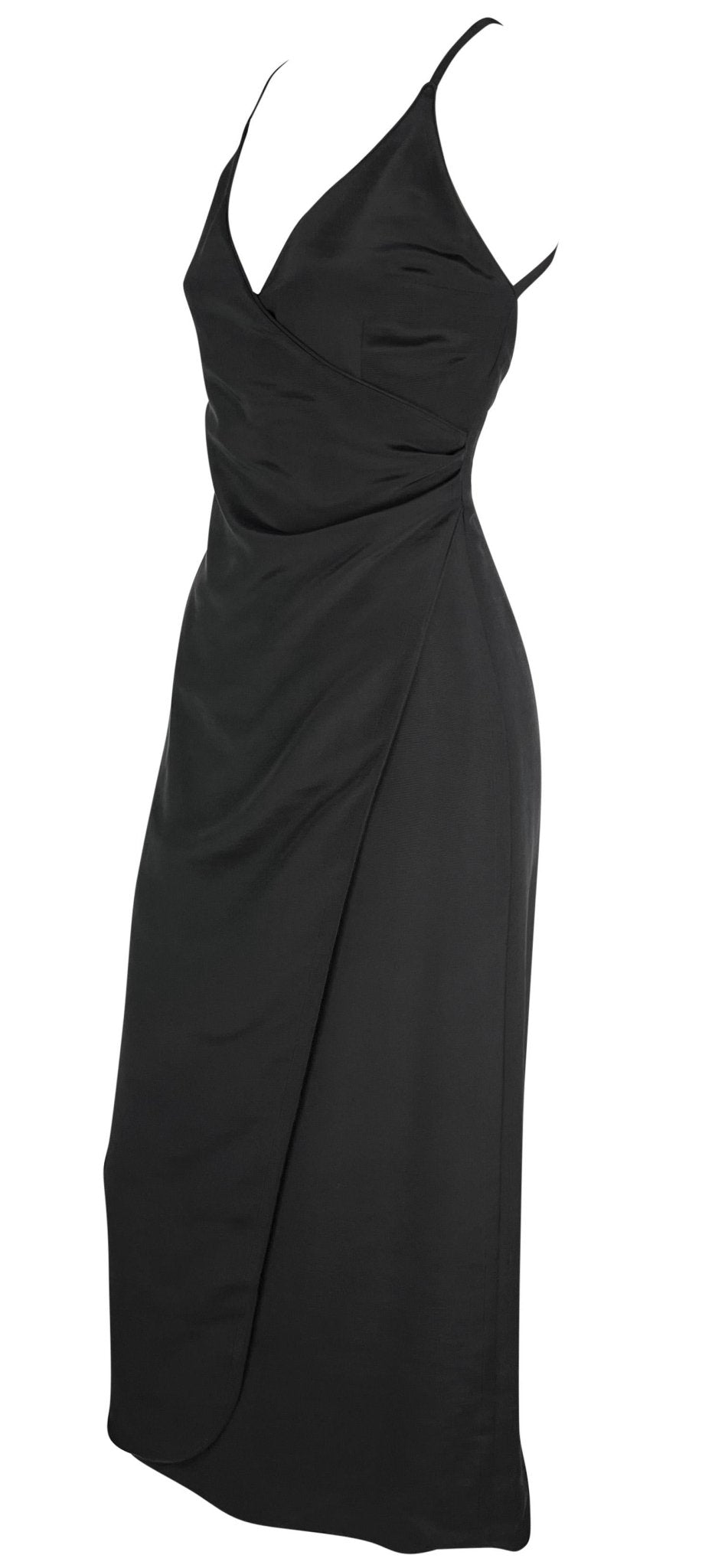 Late 1990s Giorgio Armani Backless Black Faux - Wrap High Slit Column Gown - RealList