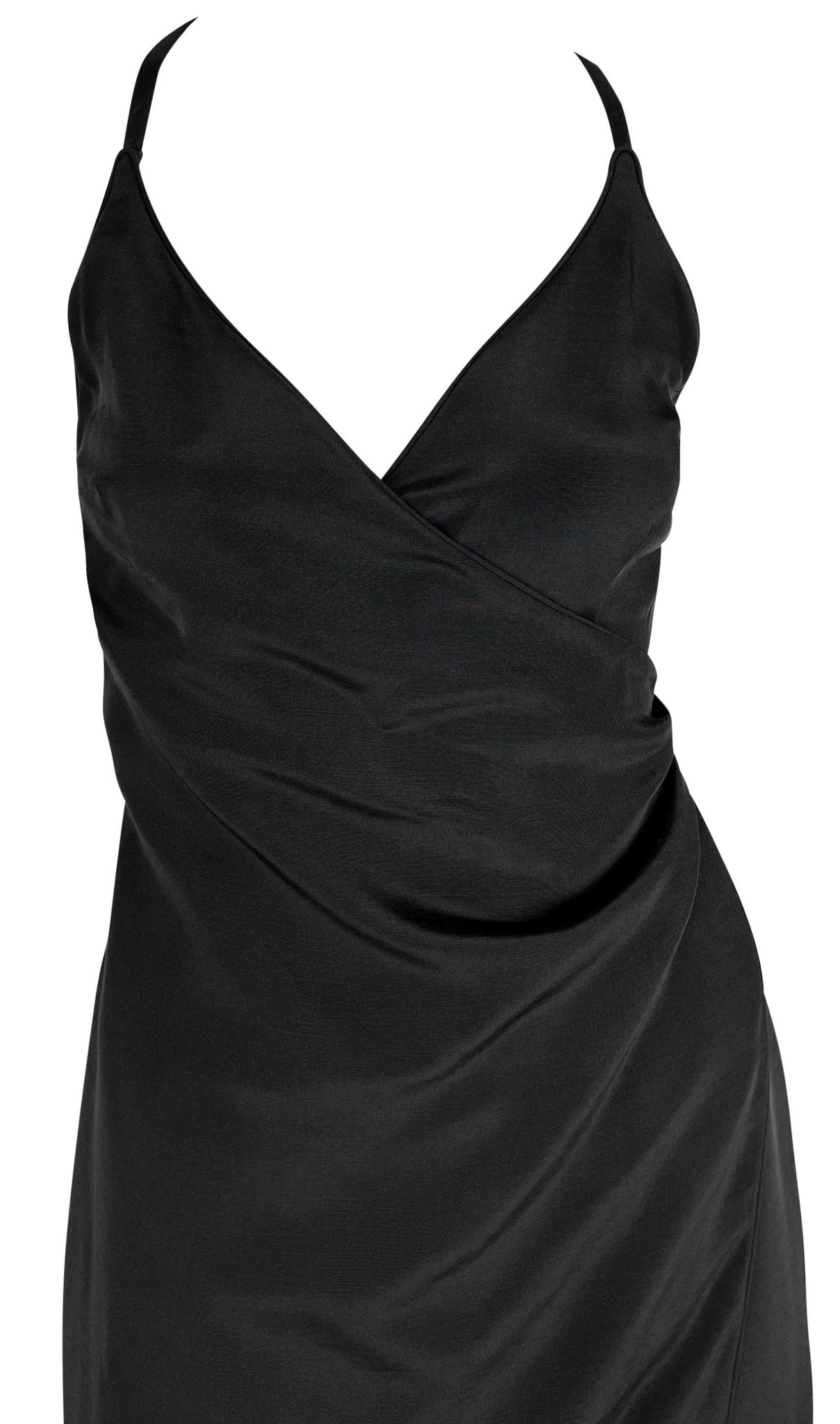 Late 1990s Giorgio Armani Backless Black Faux - Wrap High Slit Column Gown - RealList