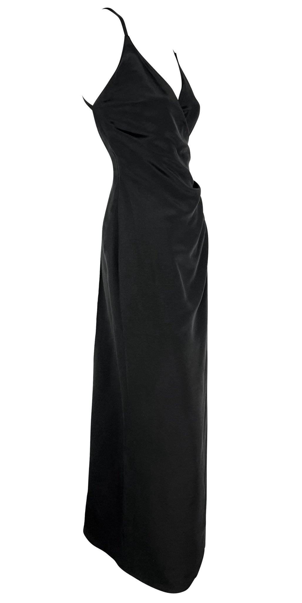 Late 1990s Giorgio Armani Backless Black Faux - Wrap High Slit Column Gown - RealList