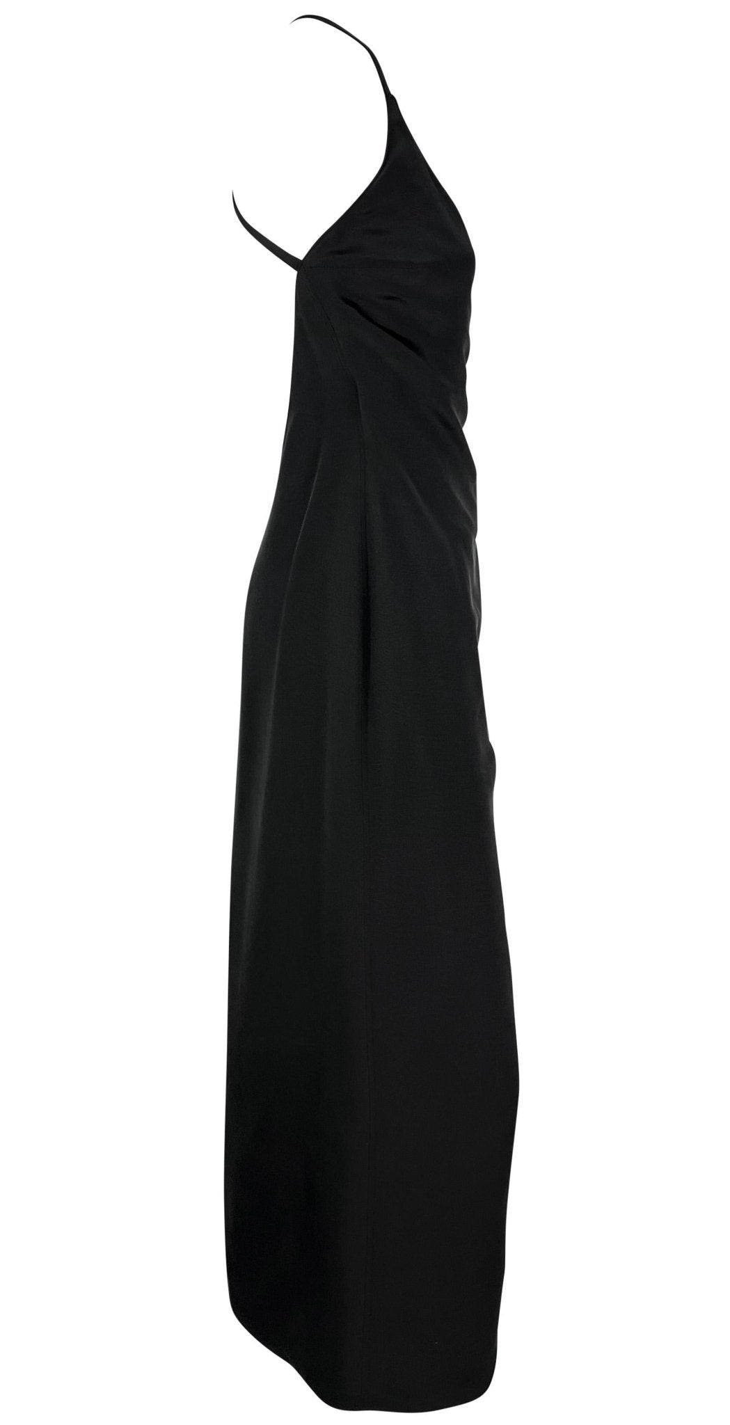 Late 1990s Giorgio Armani Backless Black Faux - Wrap High Slit Column Gown - RealList