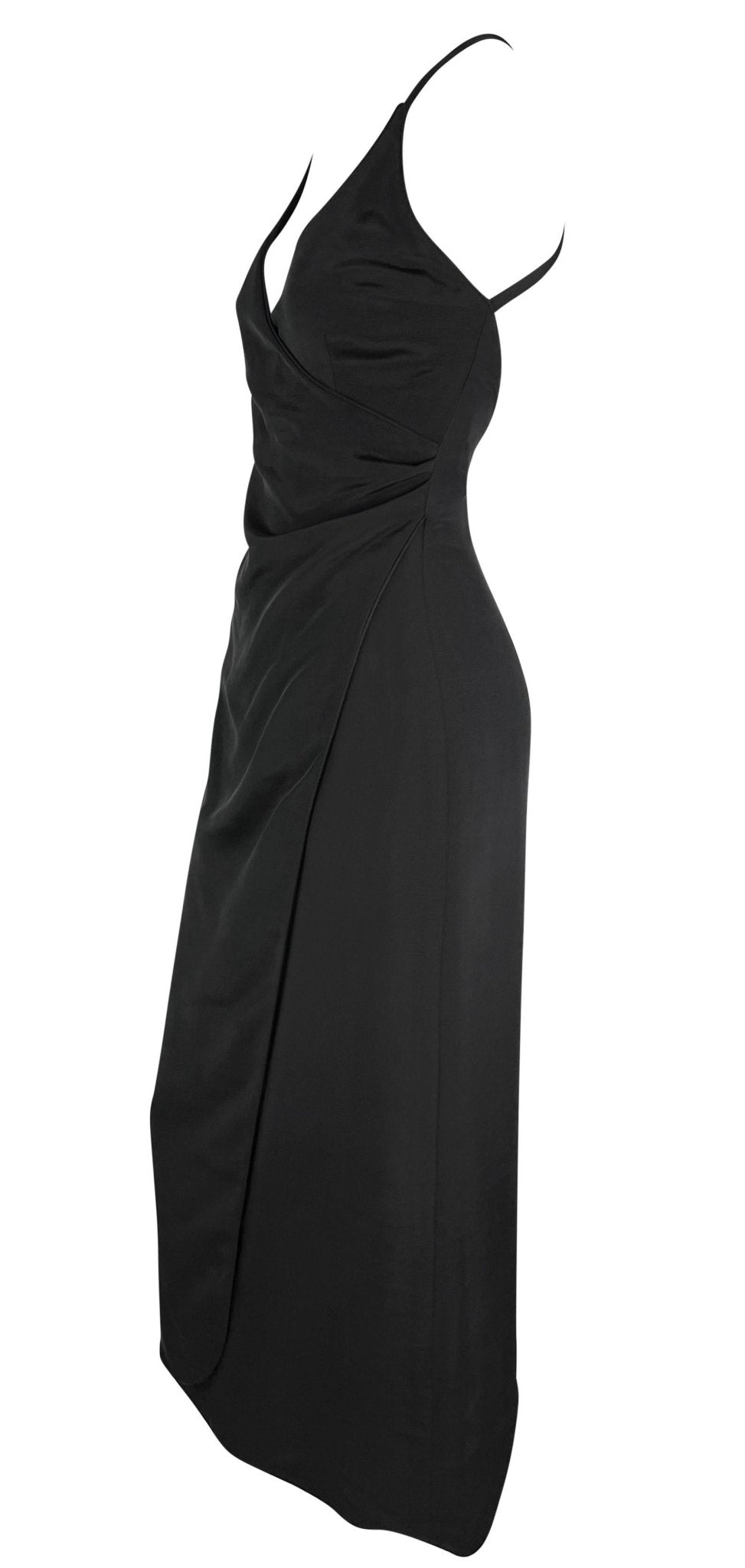 Late 1990s Giorgio Armani Backless Black Faux - Wrap High Slit Column Gown - RealList