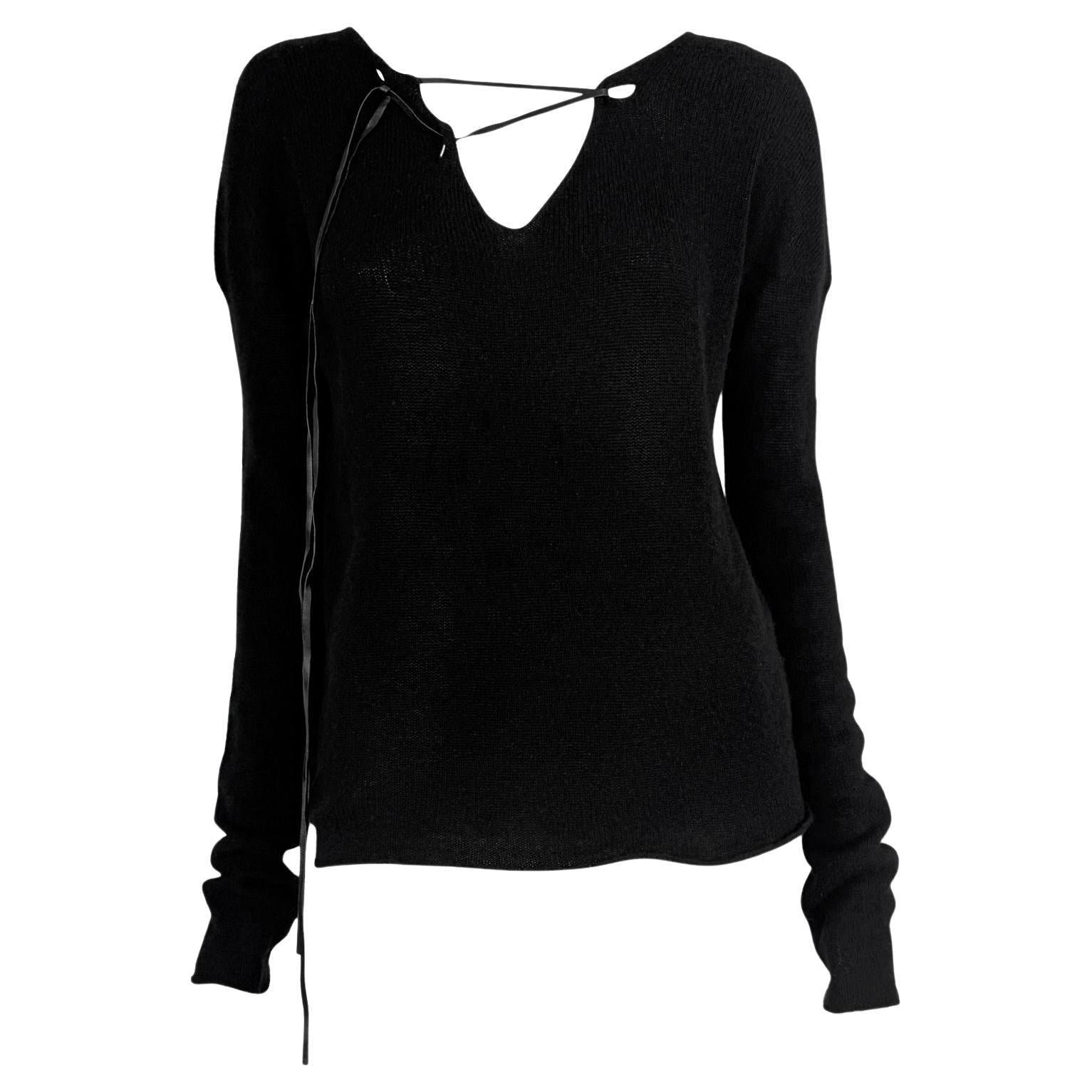 Late 1990s Gucci by Tom Ford Leather Lace - Up Knit Black Sweater Top - RealList
