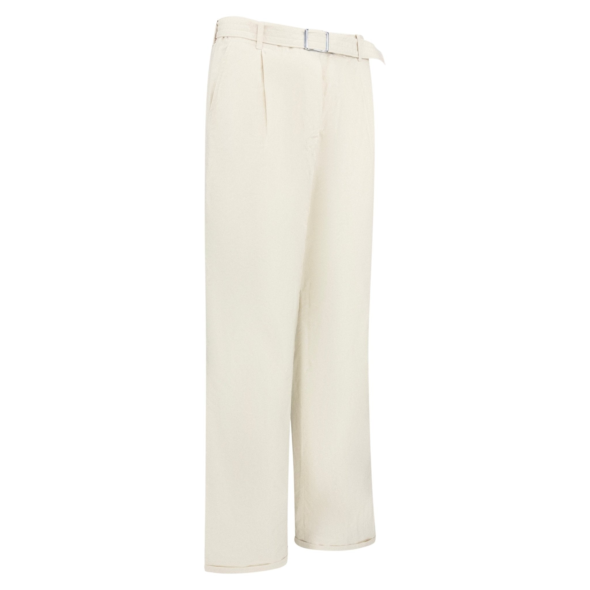Late 1990s Jil Sander Off - White Cotton Poplin Belted Wide Leg Pants - RealList