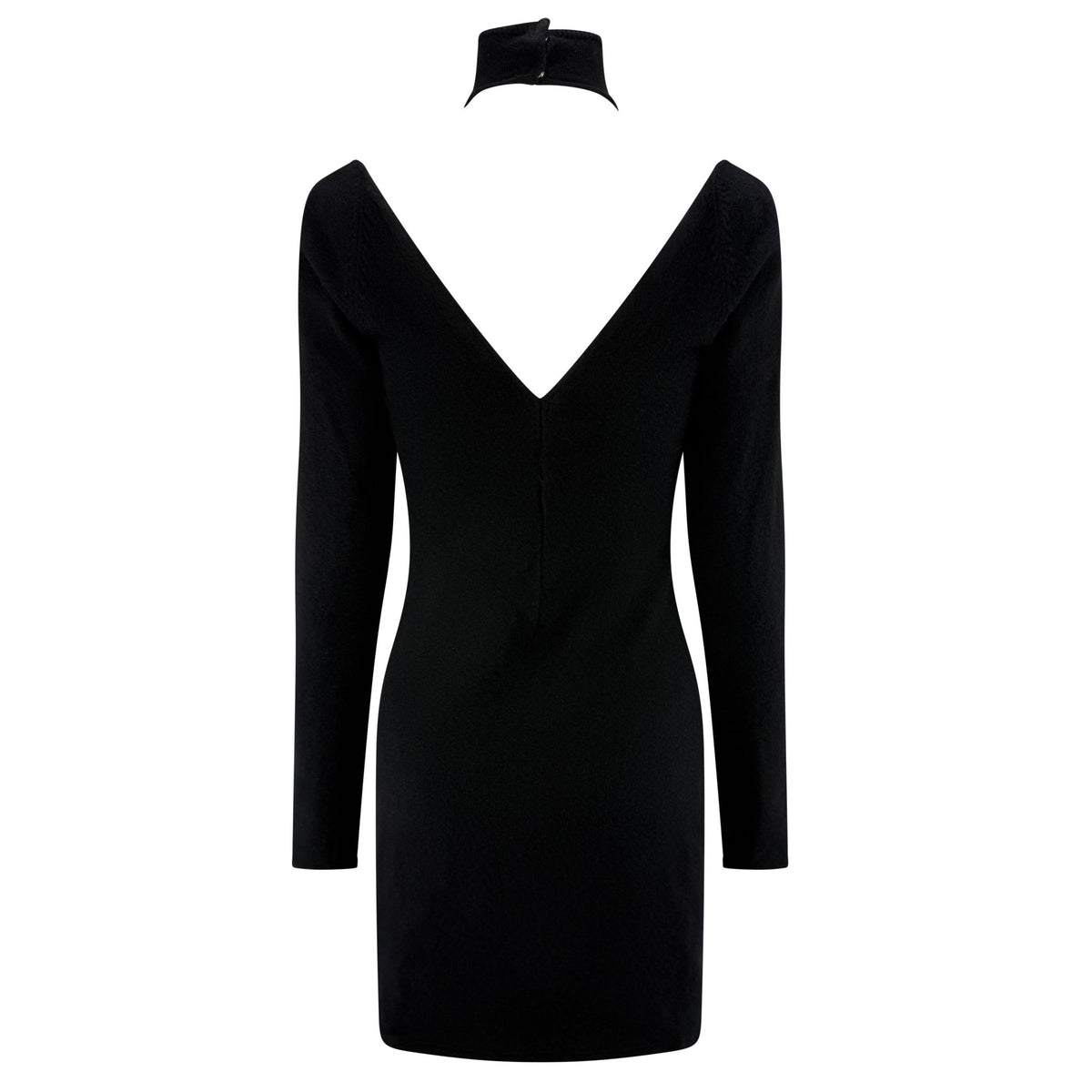 Late 1990s Randolph Duke Black Cashmere Plunging Cutout Long Sleeve Mini Dress - RealList