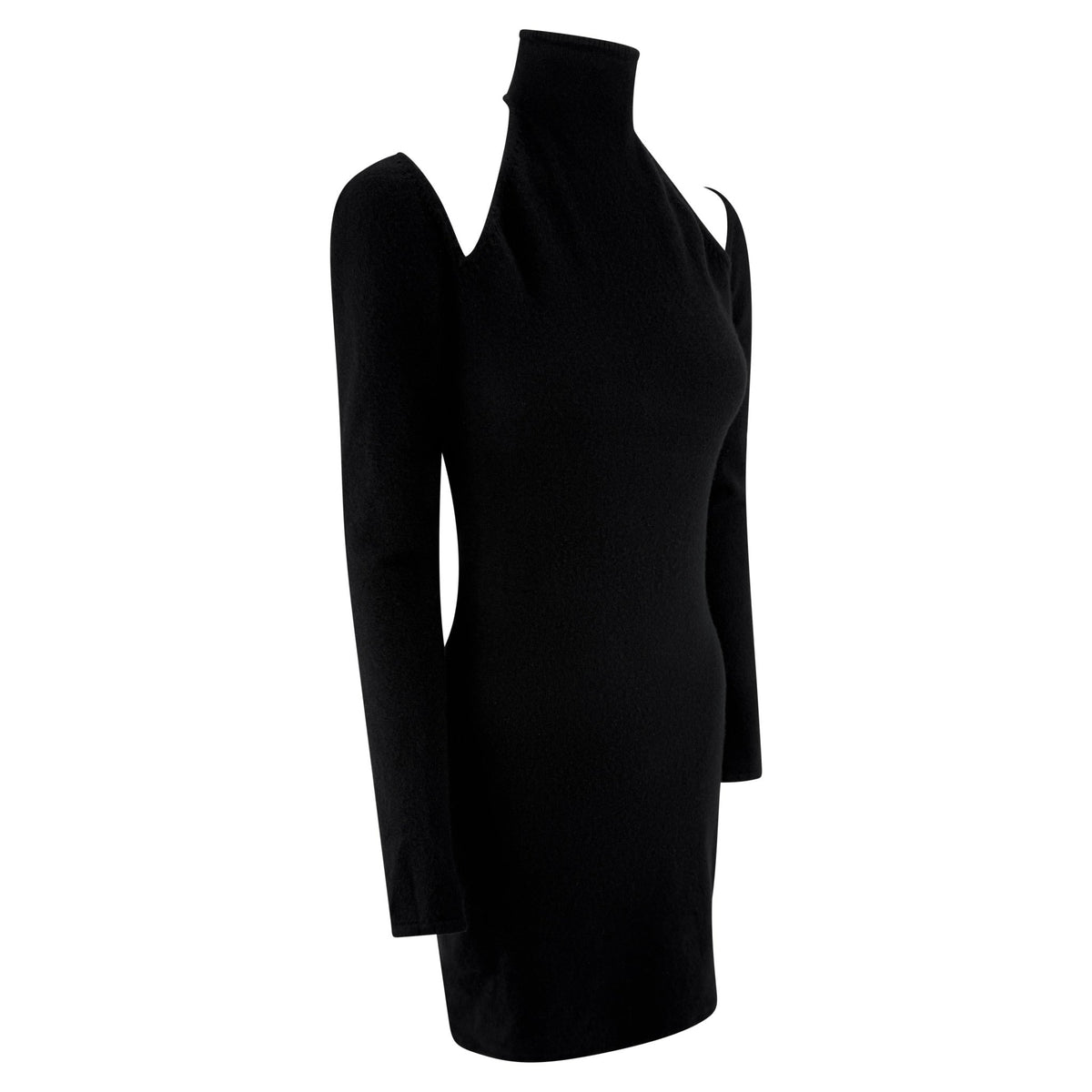 Late 1990s Randolph Duke Black Cashmere Plunging Cutout Long Sleeve Mini Dress - RealList