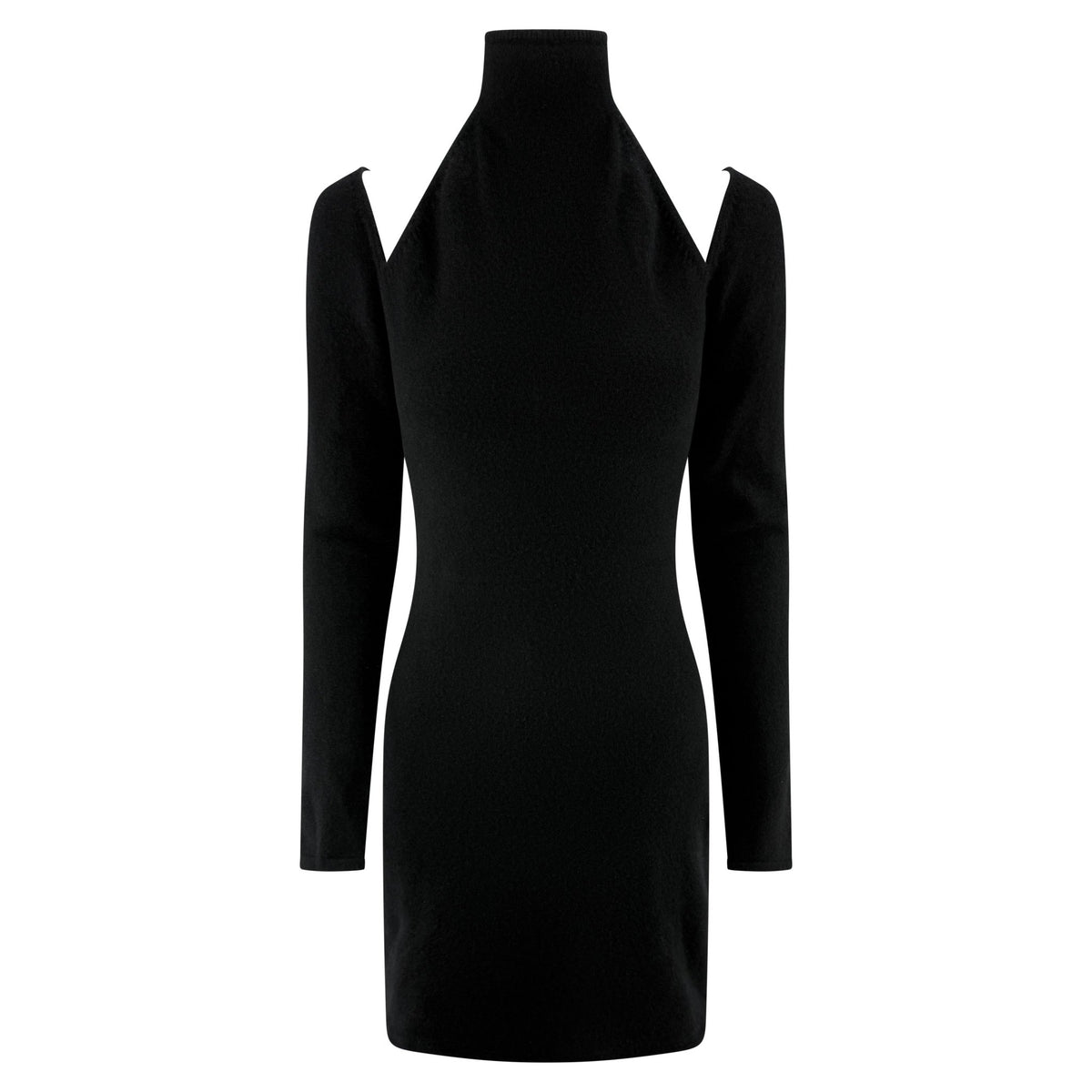 Late 1990s Randolph Duke Black Cashmere Plunging Cutout Long Sleeve Mini Dress - RealList