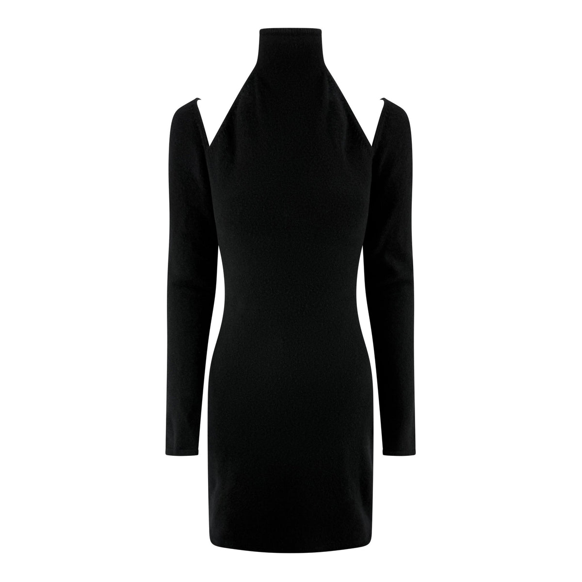 Late 1990s Randolph Duke Black Cashmere Plunging Cutout Long Sleeve Mini Dress - RealList