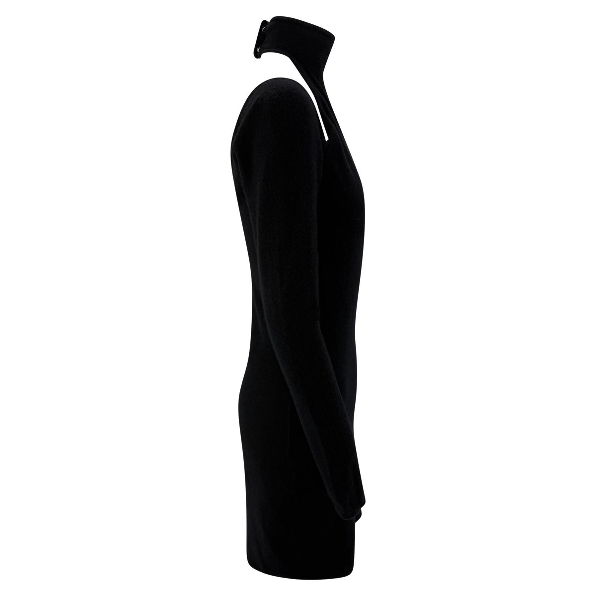 Late 1990s Randolph Duke Black Cashmere Plunging Cutout Long Sleeve Mini Dress - RealList
