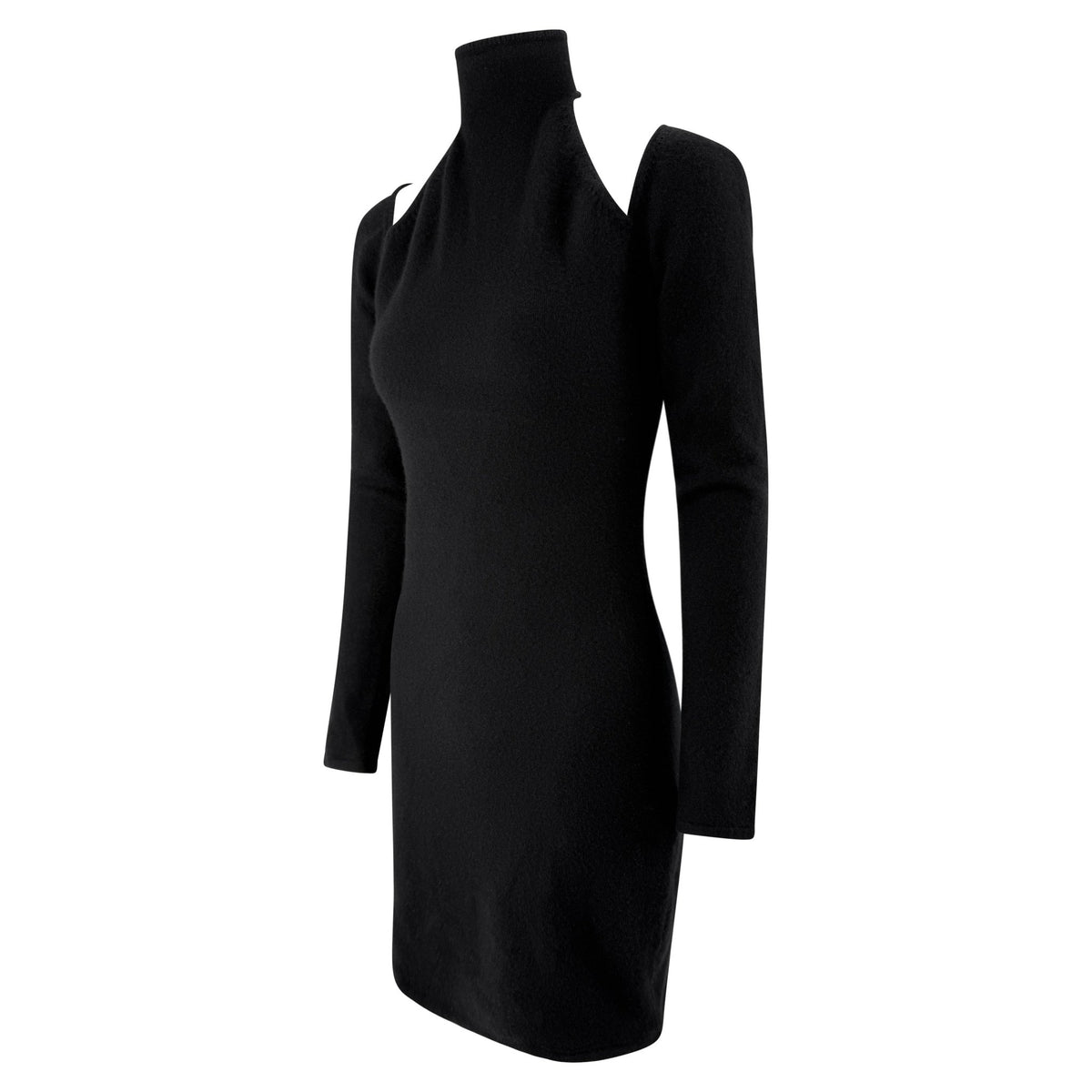Late 1990s Randolph Duke Black Cashmere Plunging Cutout Long Sleeve Mini Dress - RealList
