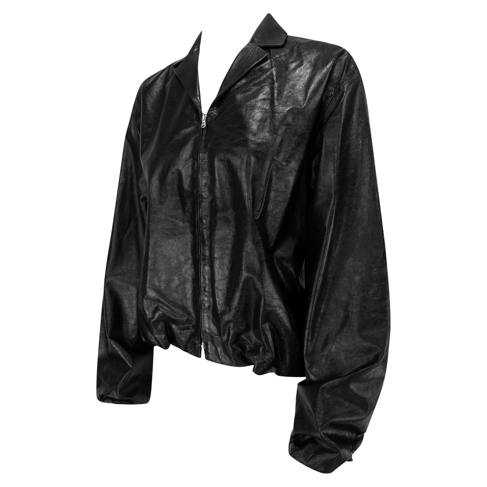 Late 1990s Richard Tyler Glossy Black Leather Oversized Coach's Jacket - RealList