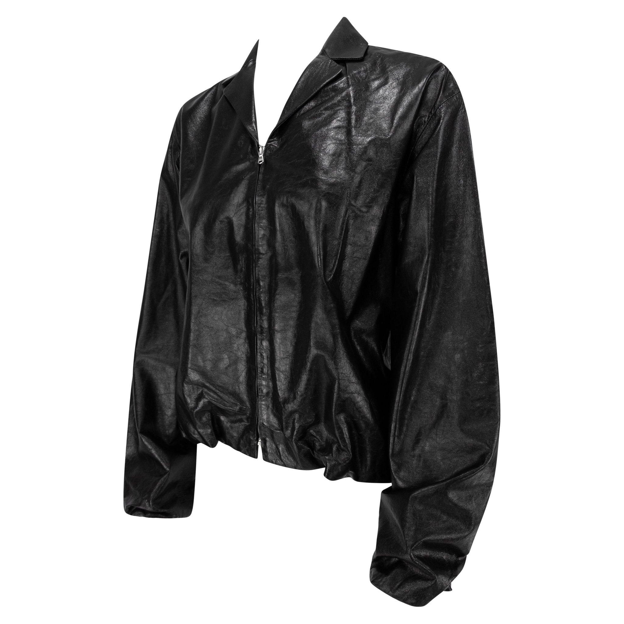 Late 1990s Richard Tyler Glossy Black Leather Oversized Coach's Jacket - RealList