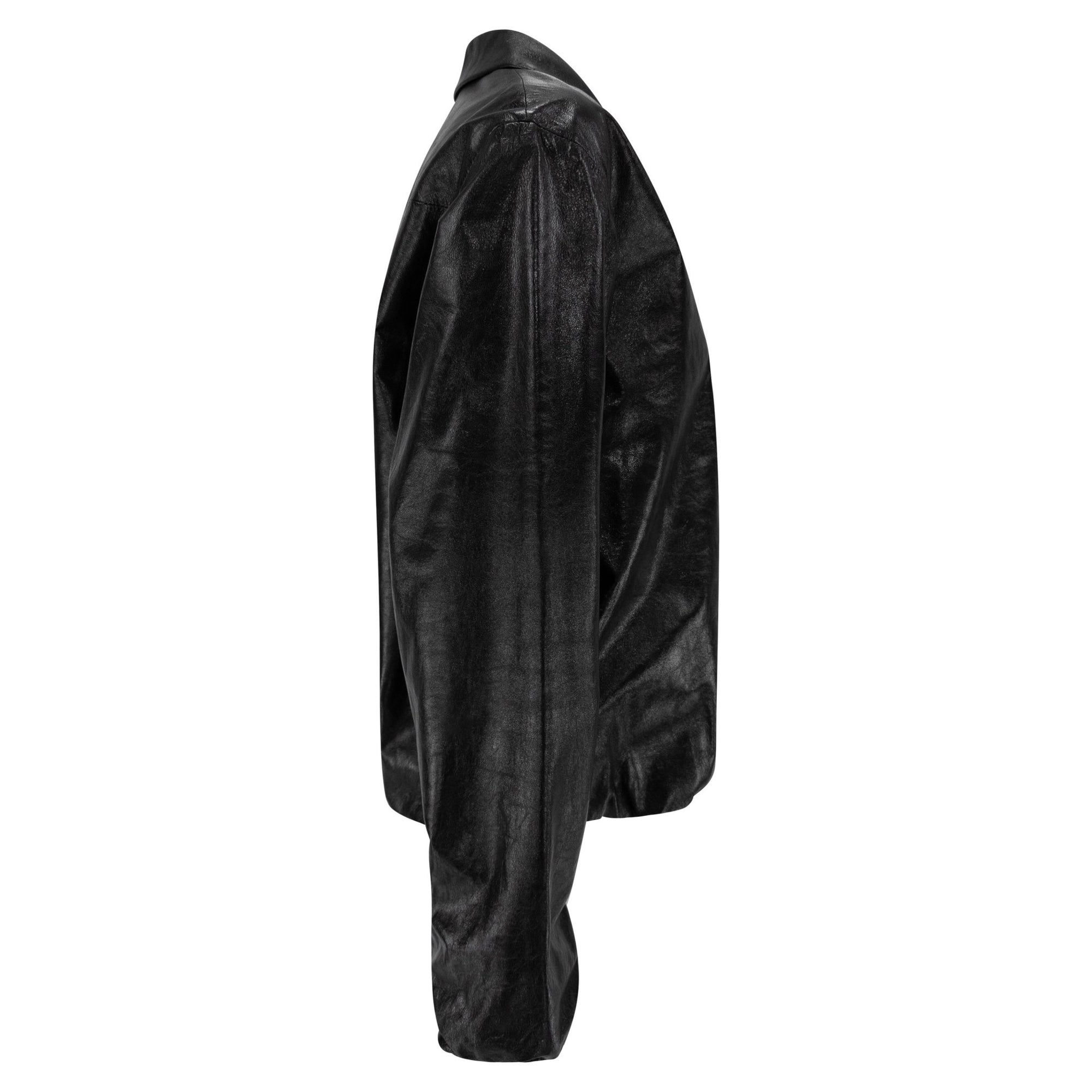Late 1990s Richard Tyler Glossy Black Leather Oversized Coach's Jacket - RealList