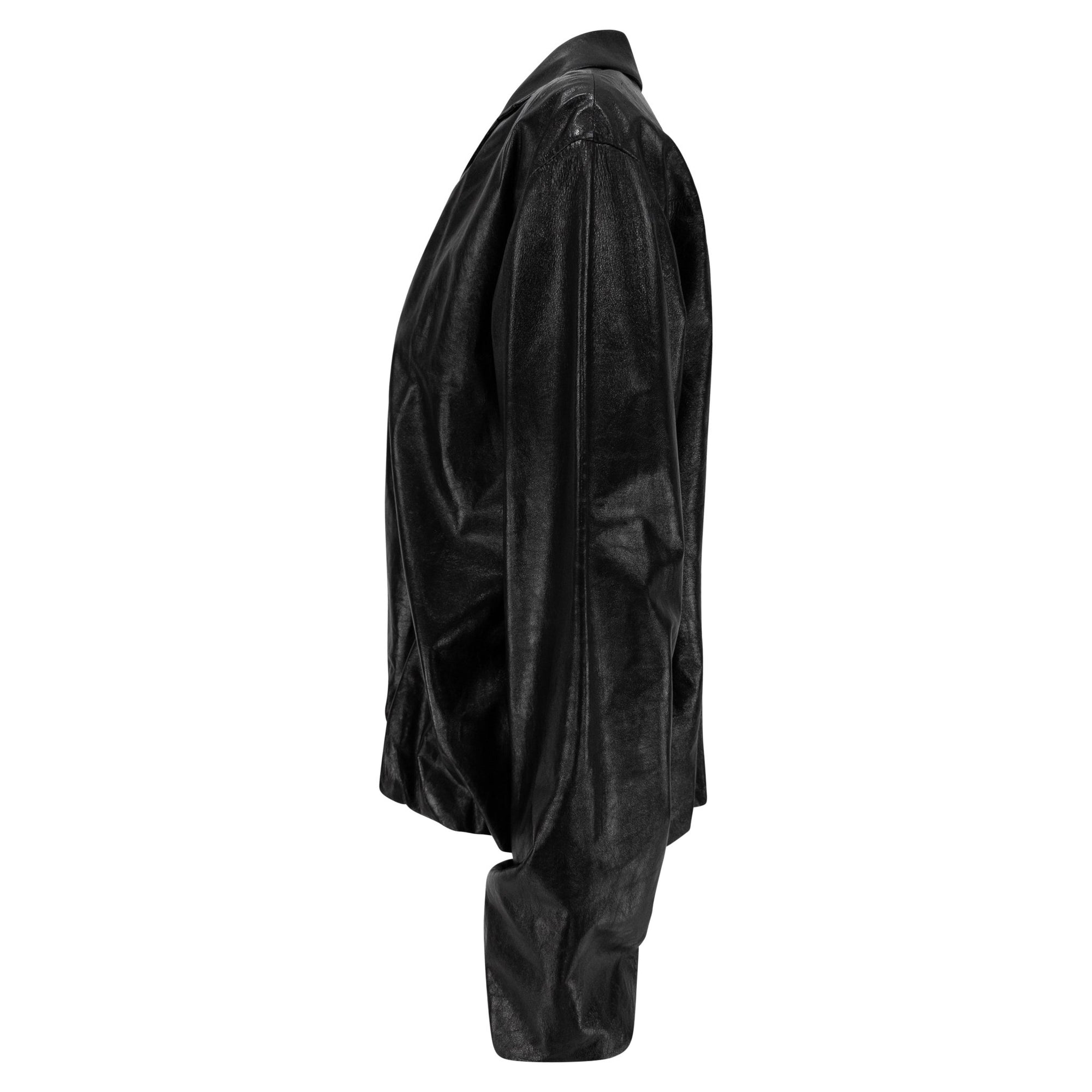Late 1990s Richard Tyler Glossy Black Leather Oversized Coach's Jacket - RealList