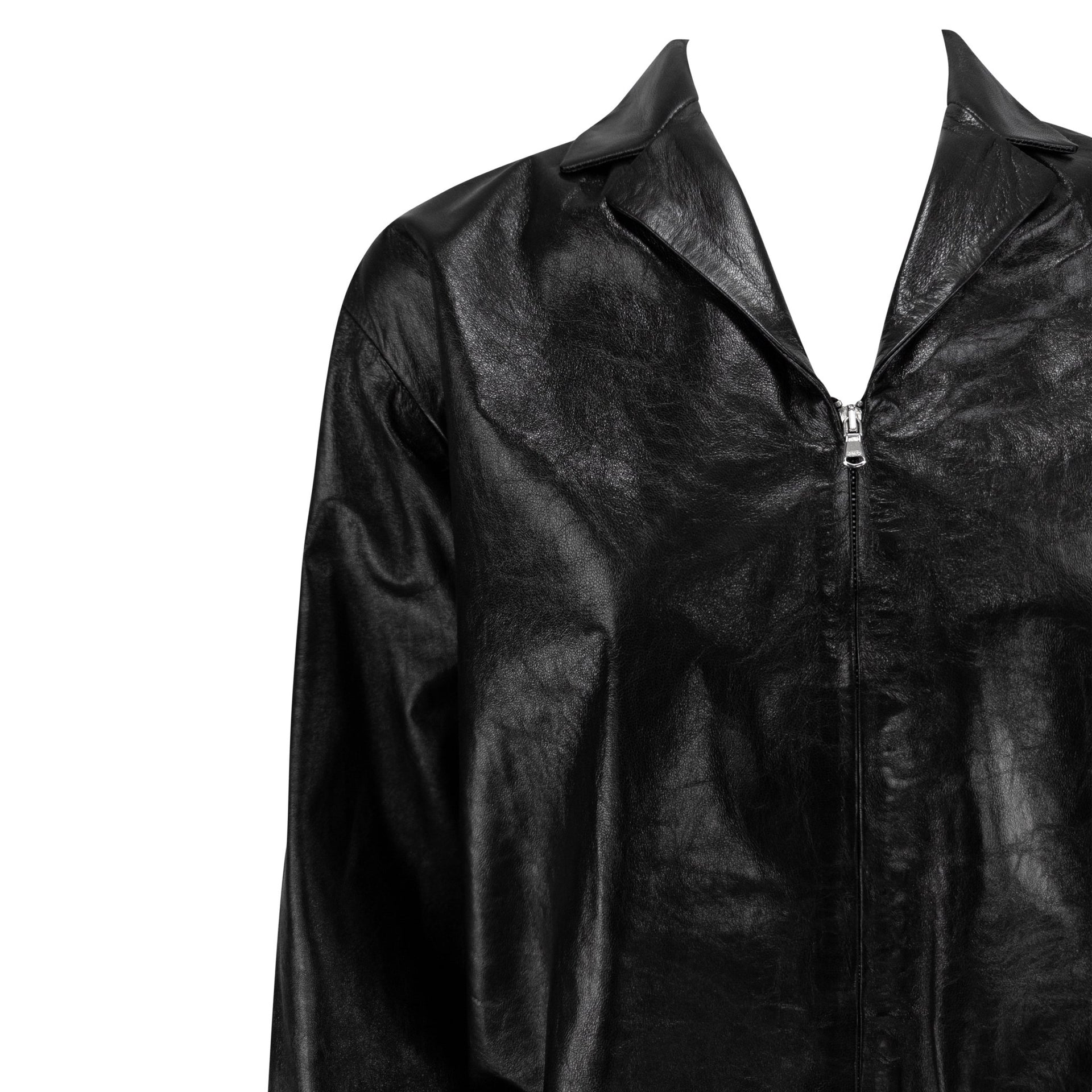 Late 1990s Richard Tyler Glossy Black Leather Oversized Coach's Jacket - RealList