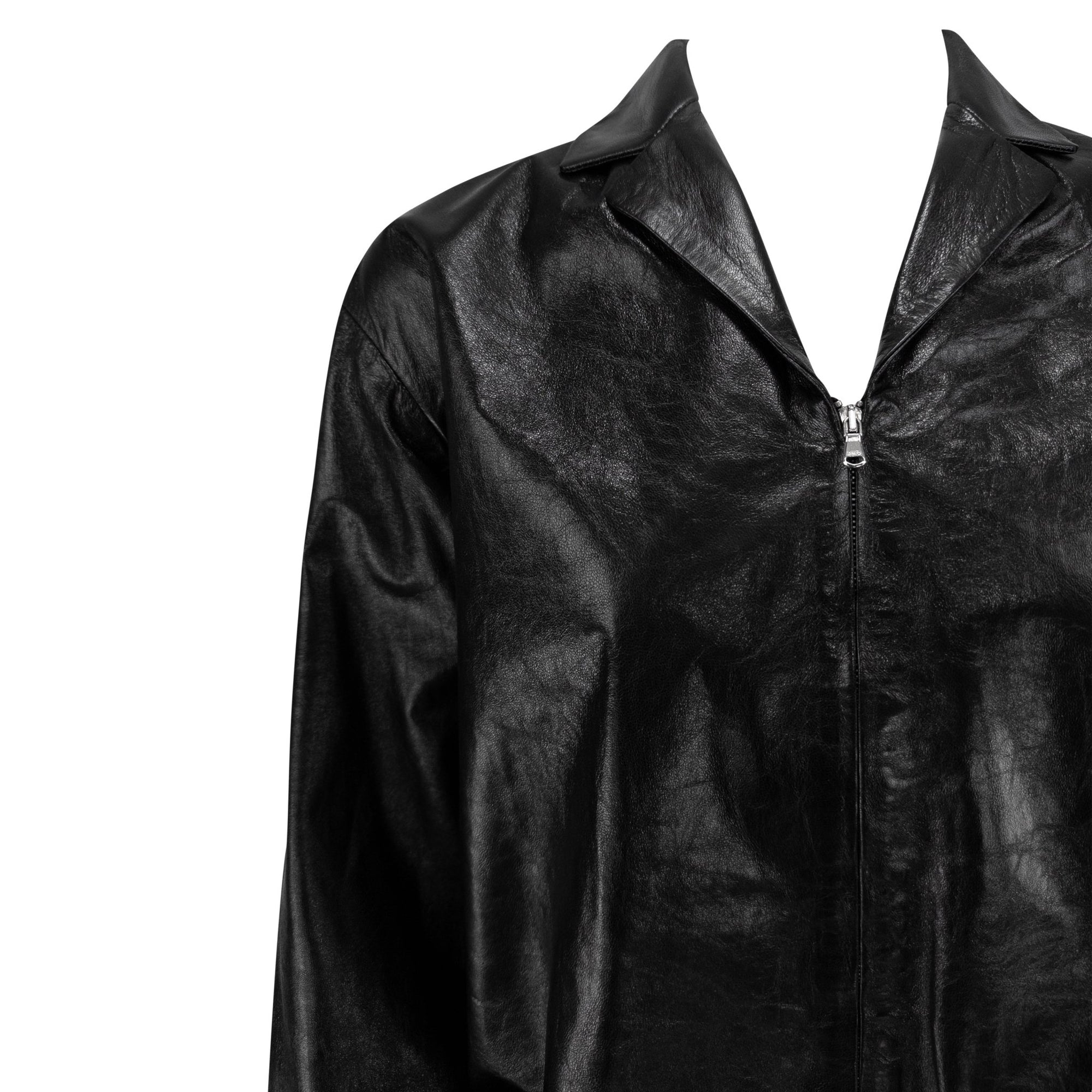 Late 1990s Richard Tyler Glossy Black Leather Oversized Coach's Jacket - RealList