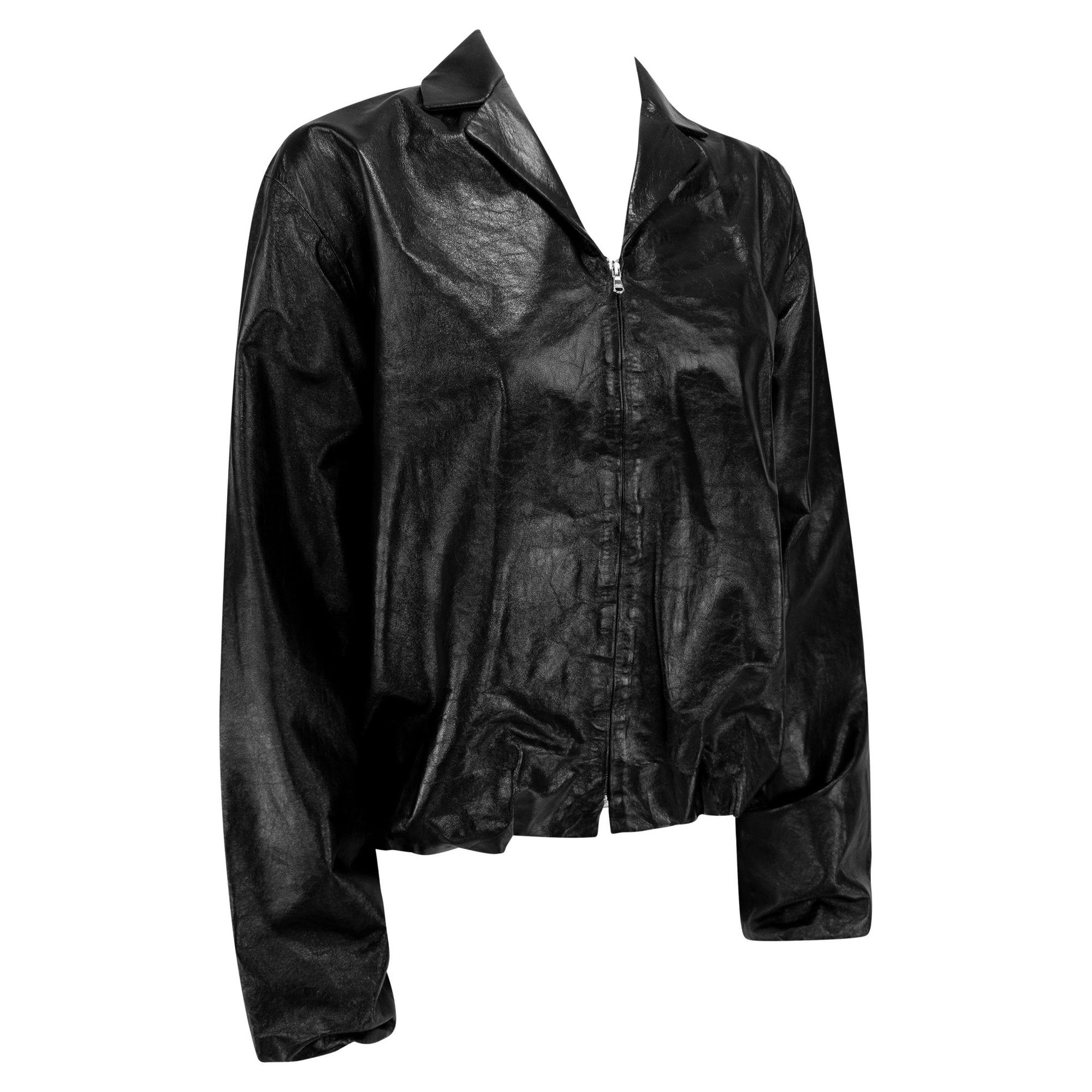 Late 1990s Richard Tyler Glossy Black Leather Oversized Coach's Jacket - RealList
