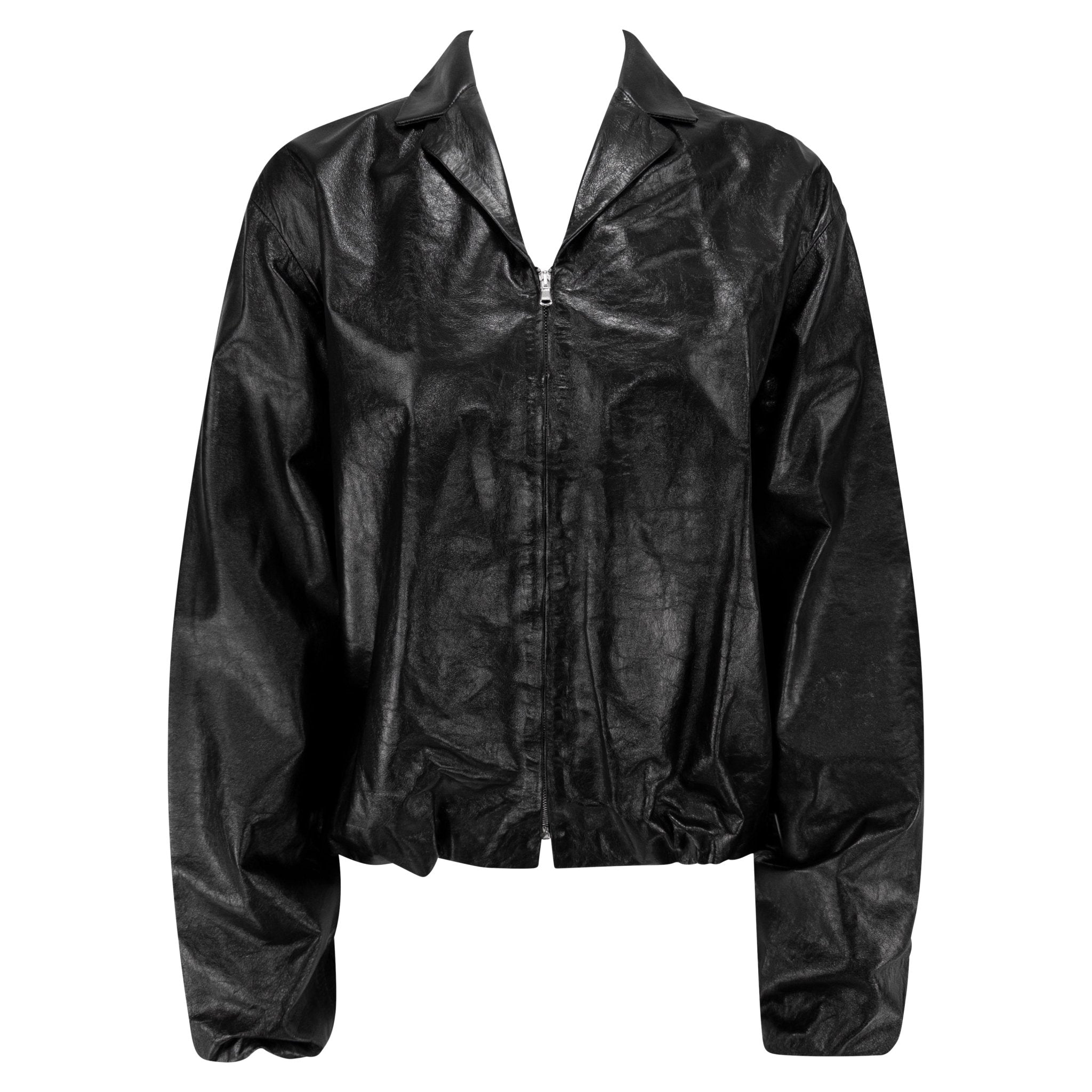 Late 1990s Richard Tyler Glossy Black Leather Oversized Coach's Jacket - RealList