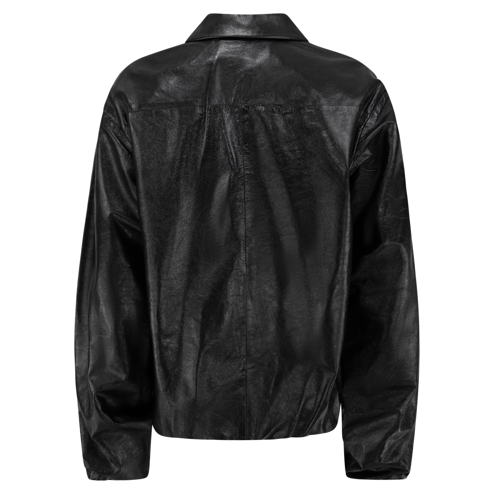 Late 1990s Richard Tyler Glossy Black Leather Oversized Coach's Jacket - RealList