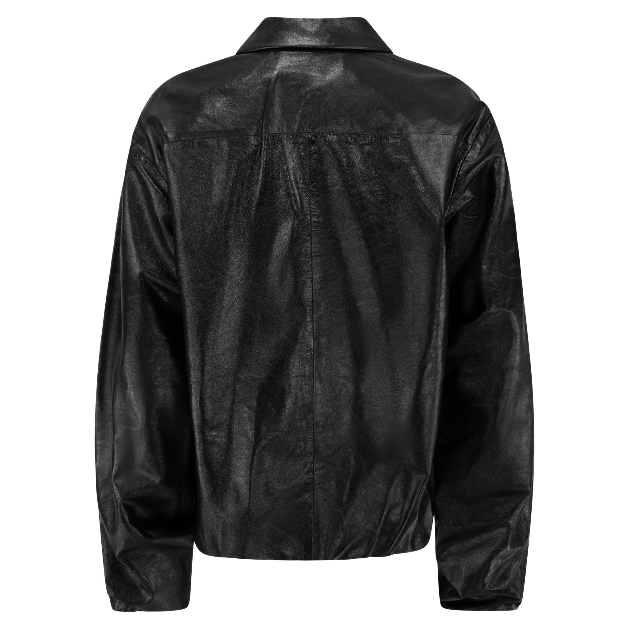 Late 1990s Richard Tyler Glossy Black Leather Oversized Coach's Jacket - RealList
