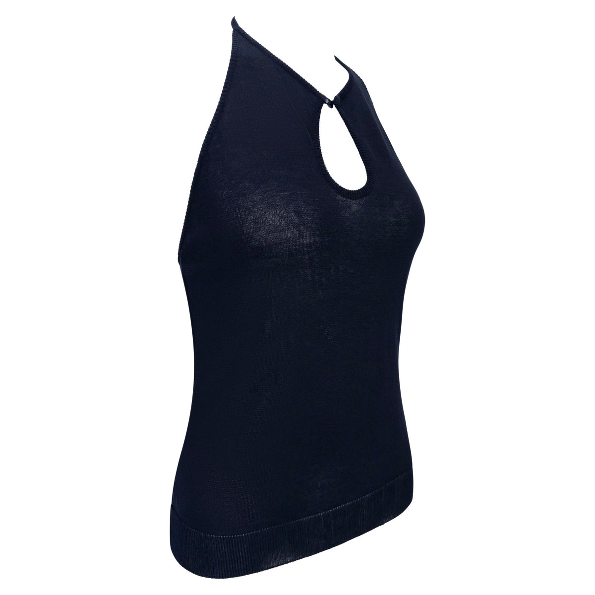 Late 1990s Richard Tyler Sheer Navy Blue Cotton Knit Halter Top - RealList