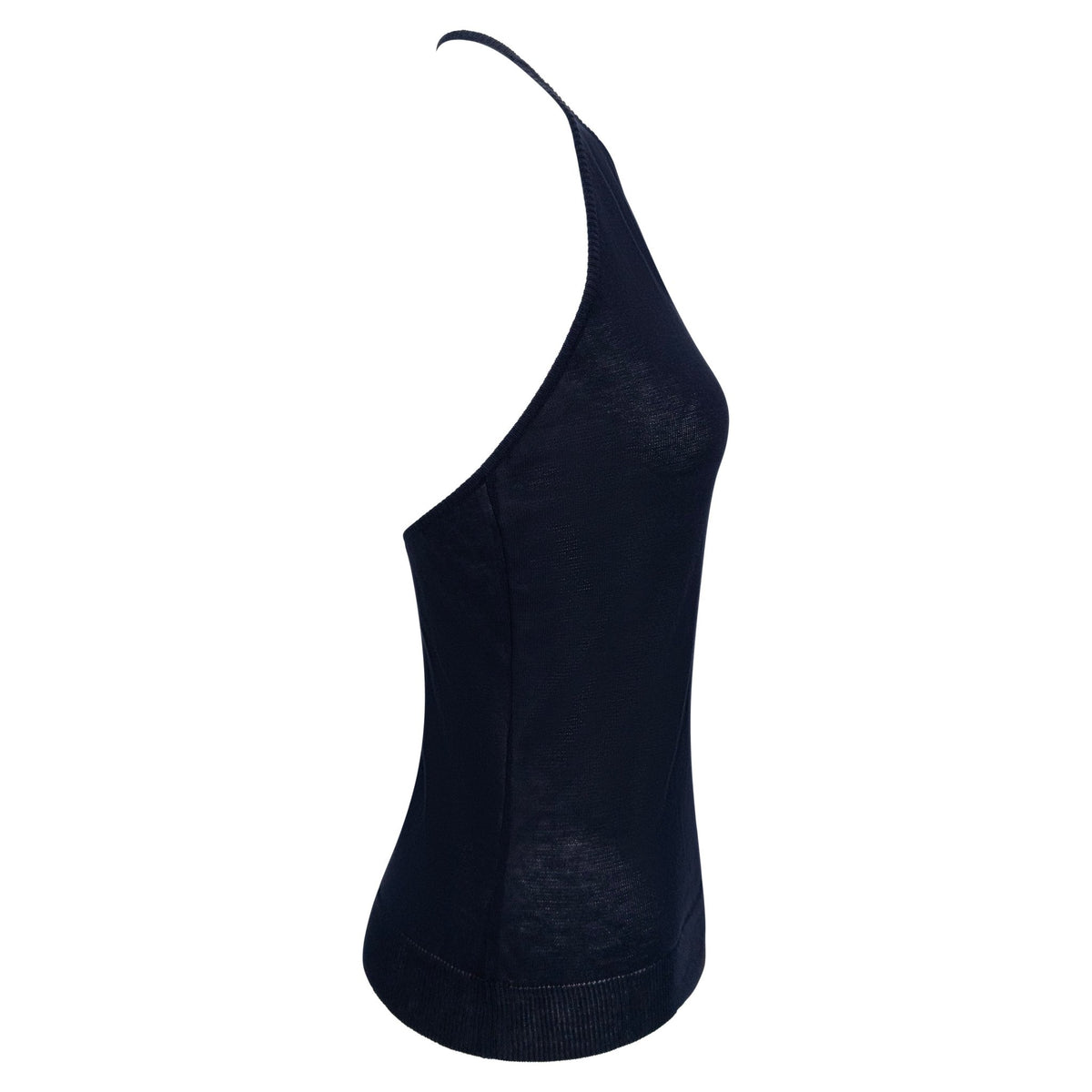 Late 1990s Richard Tyler Sheer Navy Blue Cotton Knit Halter Top - RealList