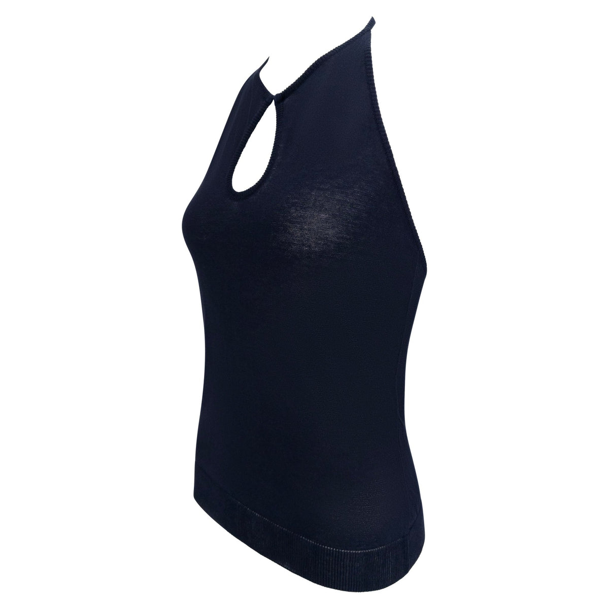 Late 1990s Richard Tyler Sheer Navy Blue Cotton Knit Halter Top - RealList