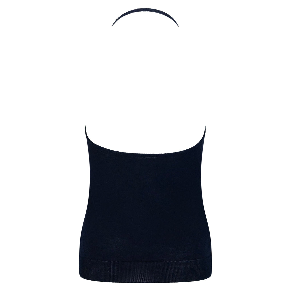 Late 1990s Richard Tyler Sheer Navy Blue Cotton Knit Halter Top - RealList