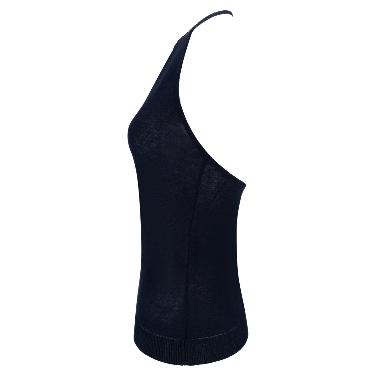 Late 1990s Richard Tyler Sheer Navy Blue Cotton Knit Halter Top - RealList