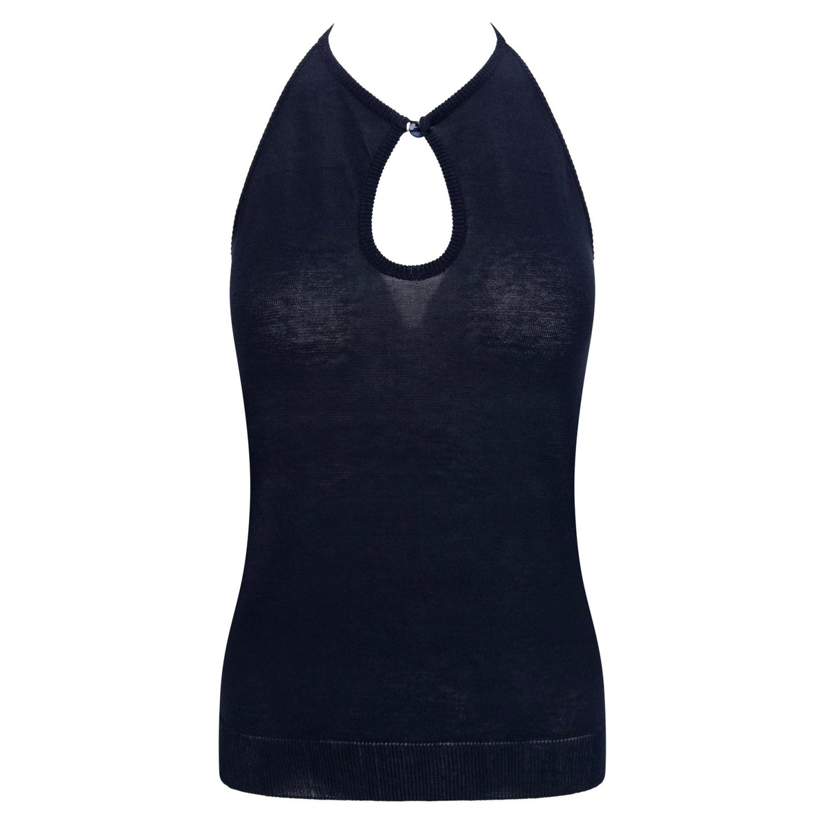 Late 1990s Richard Tyler Sheer Navy Blue Cotton Knit Halter Top - RealList