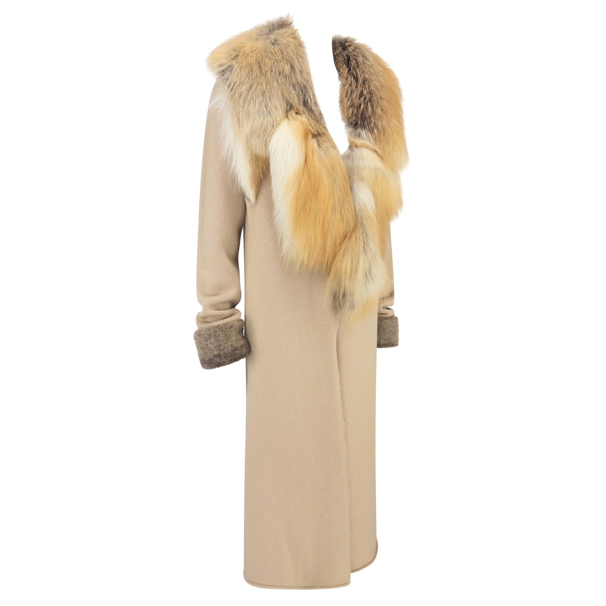 Late 1990s Roberto Cavalli Beige Knit Wool Genuine Fur Coat - RealList