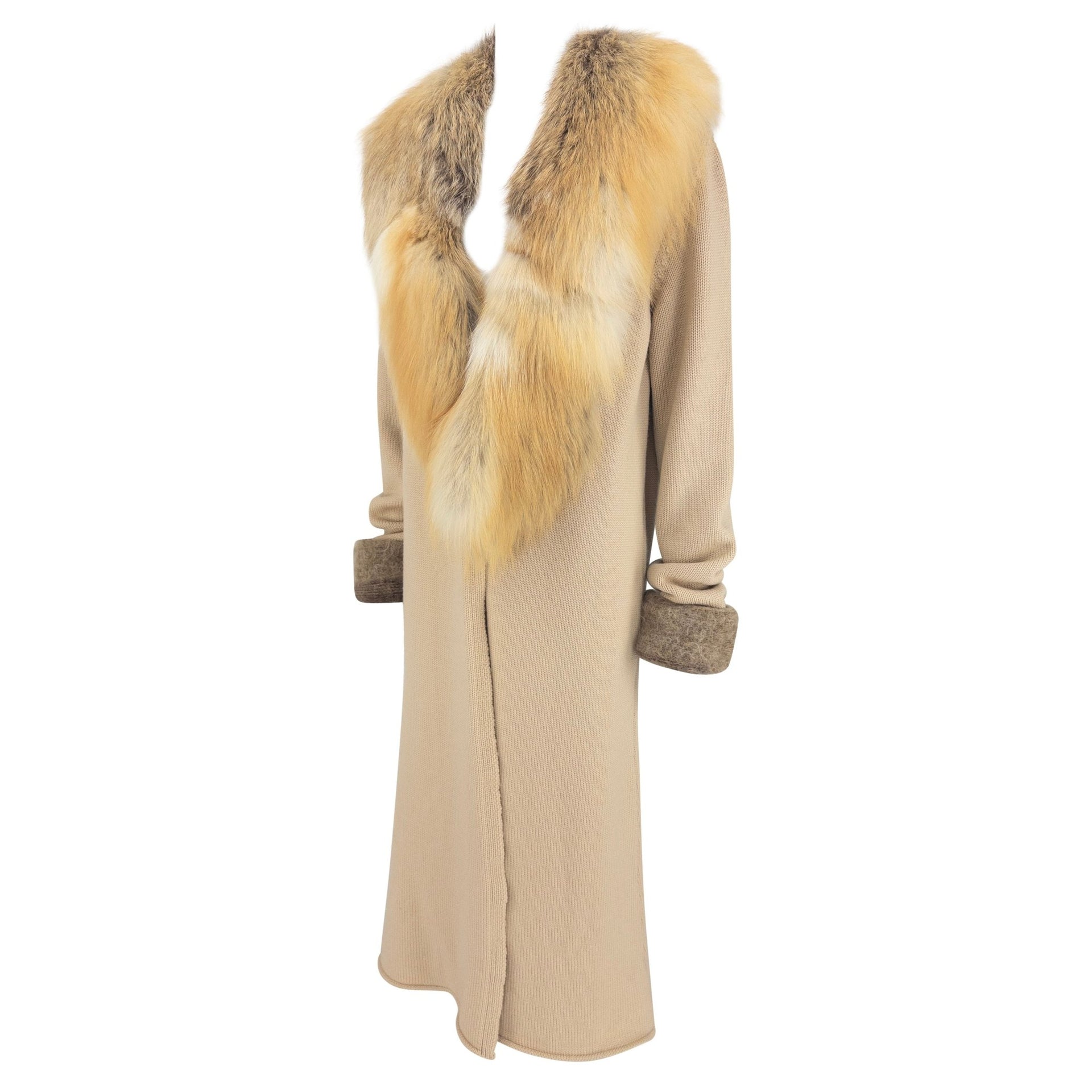Late 1990s Roberto Cavalli Beige Knit Wool Genuine Fur Coat - RealList