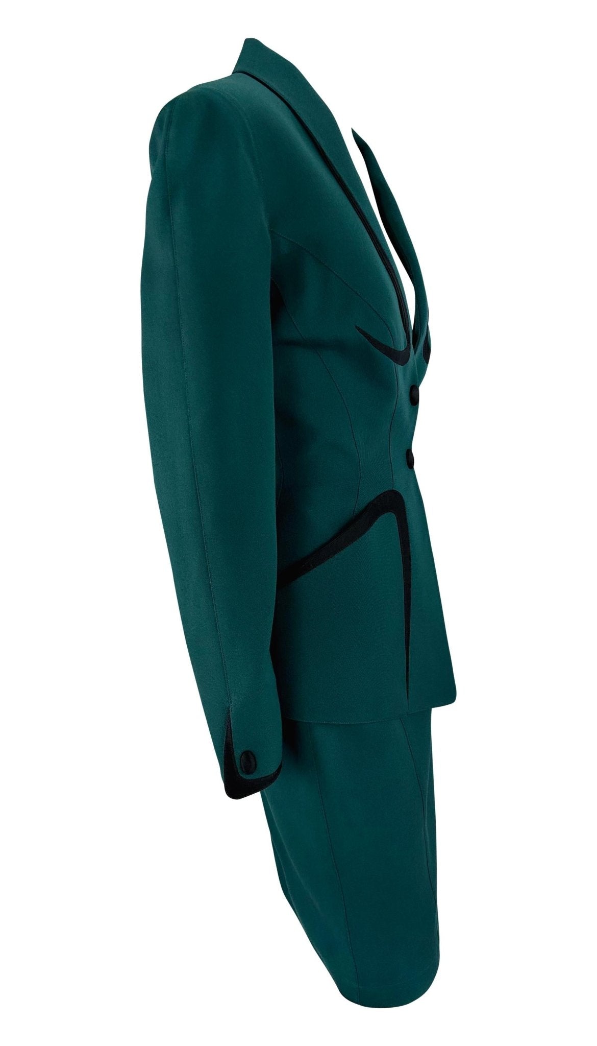 Late 1990s Thierry Mugler Green Black Angular Trim Skirt Suit - RealList