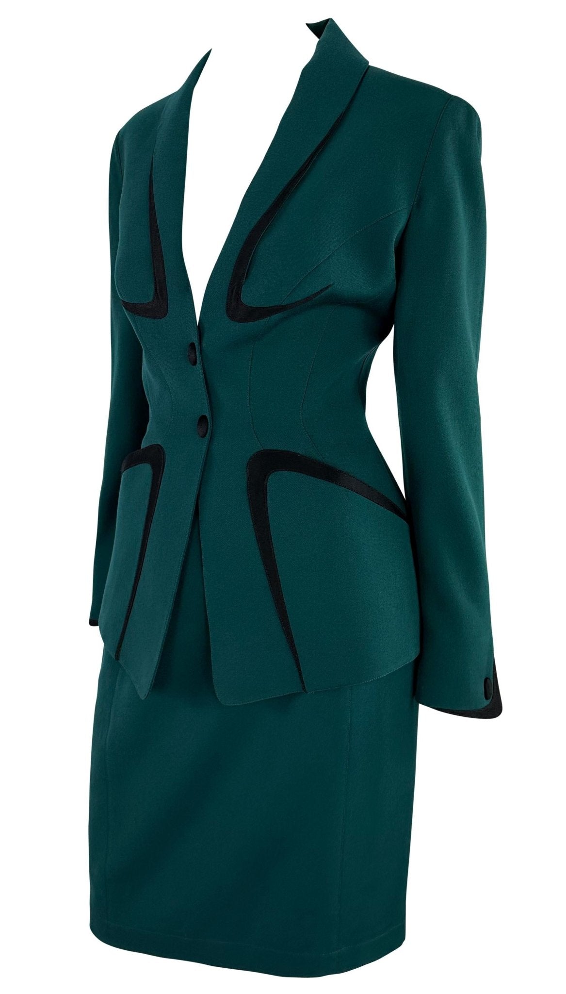 Late 1990s Thierry Mugler Green Black Angular Trim Skirt Suit - RealList