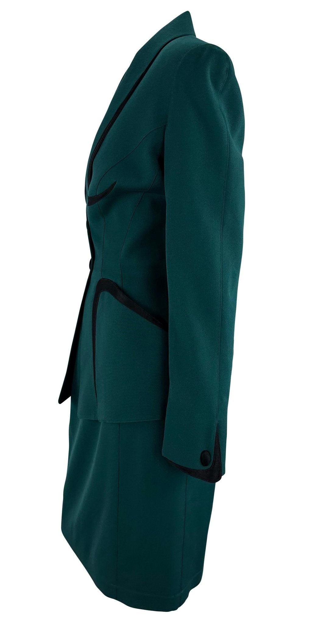 Late 1990s Thierry Mugler Green Black Angular Trim Skirt Suit - RealList