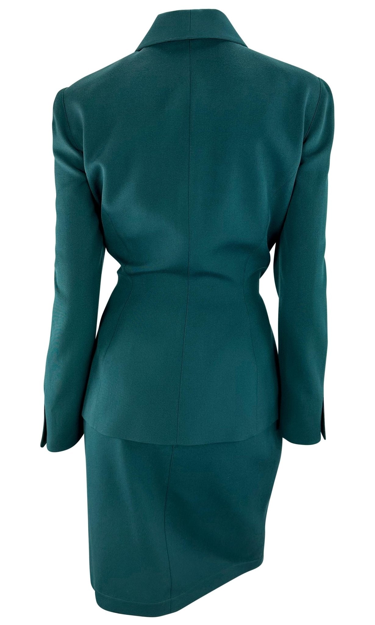 Late 1990s Thierry Mugler Green Black Angular Trim Skirt Suit - RealList