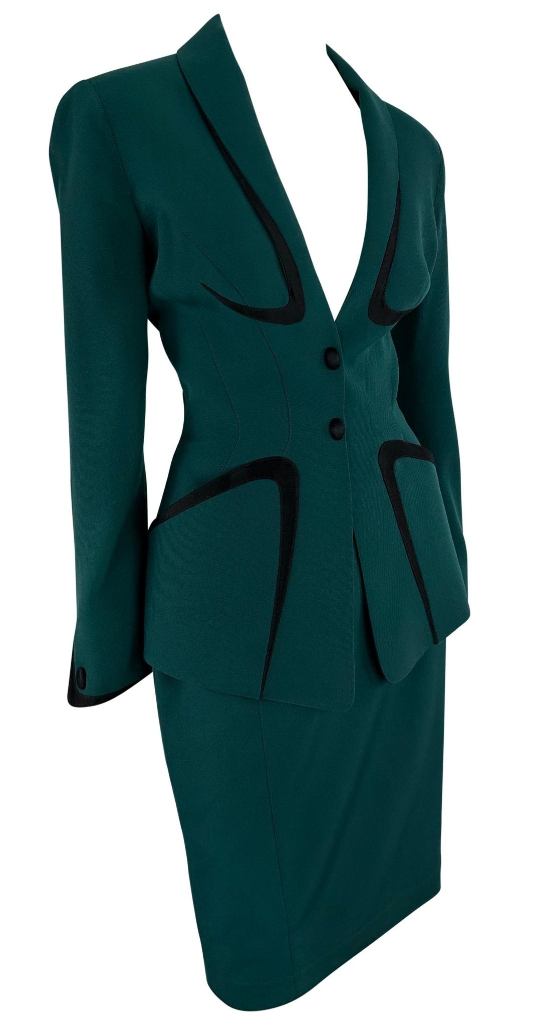 Late 1990s Thierry Mugler Green Black Angular Trim Skirt Suit - RealList