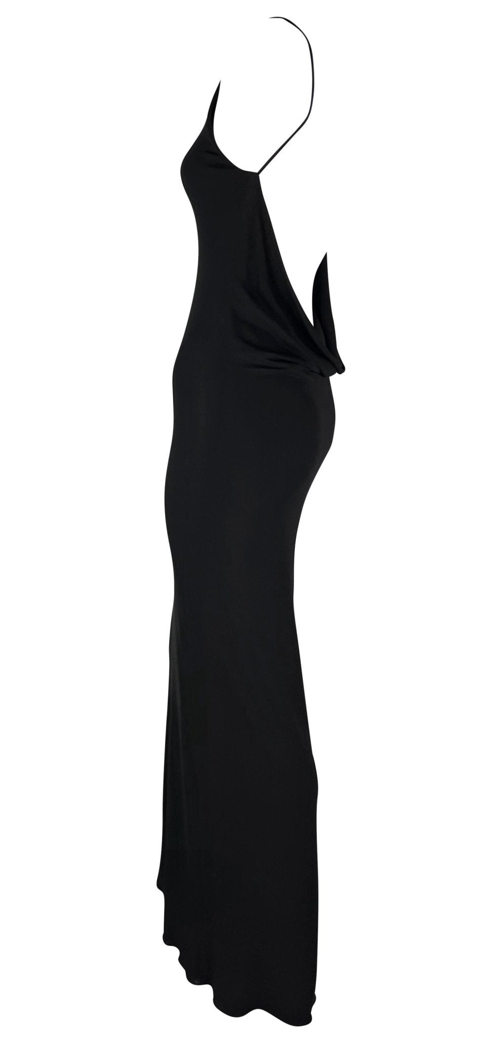 Late 1990s Yigal Azrouël Backless Cowl Slinky Black Bodycon Gown - RealList