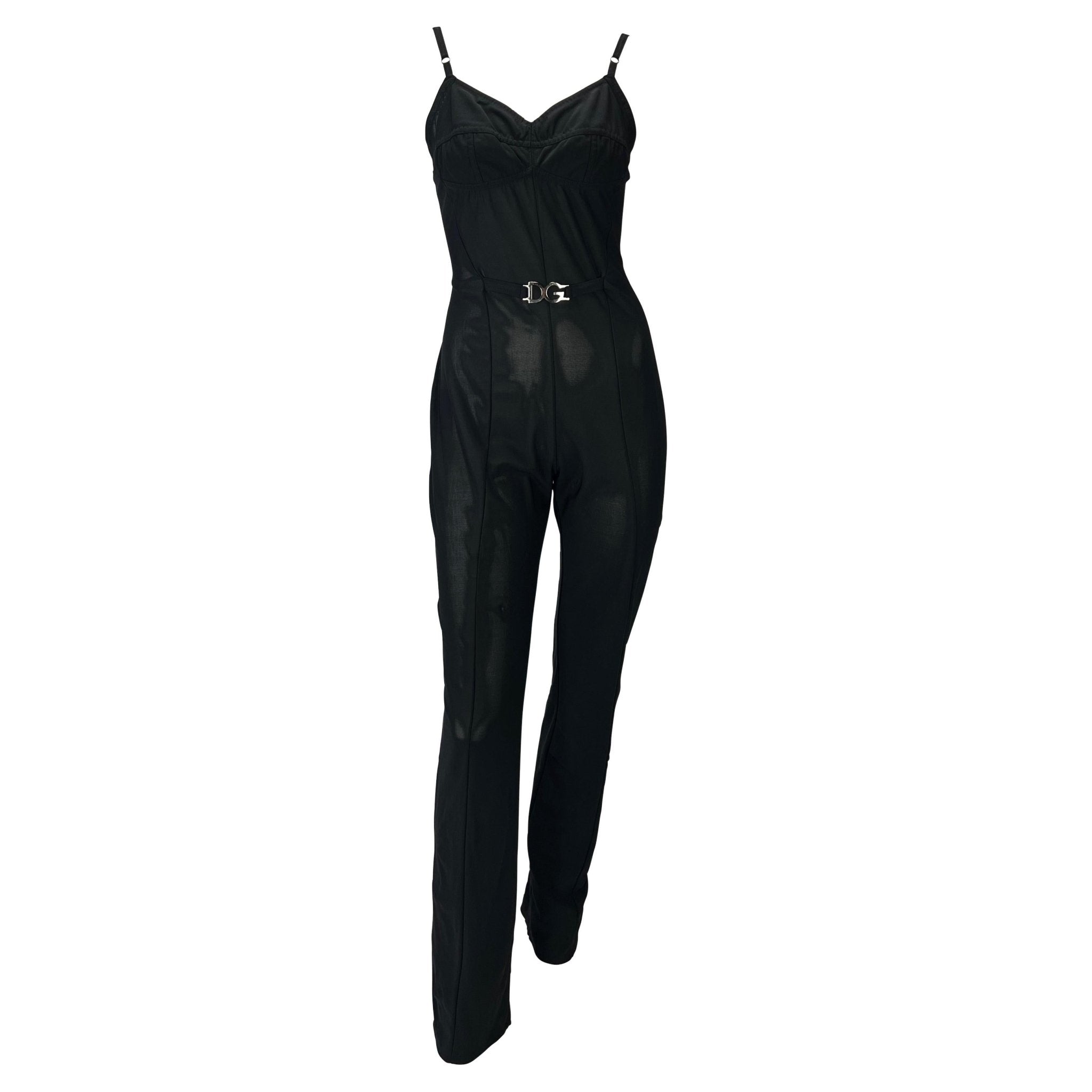 Mid 1990s Dolce & Gabbana DG Logo Buckle Sheer Black Bustier Stretch Catsuit - RealList