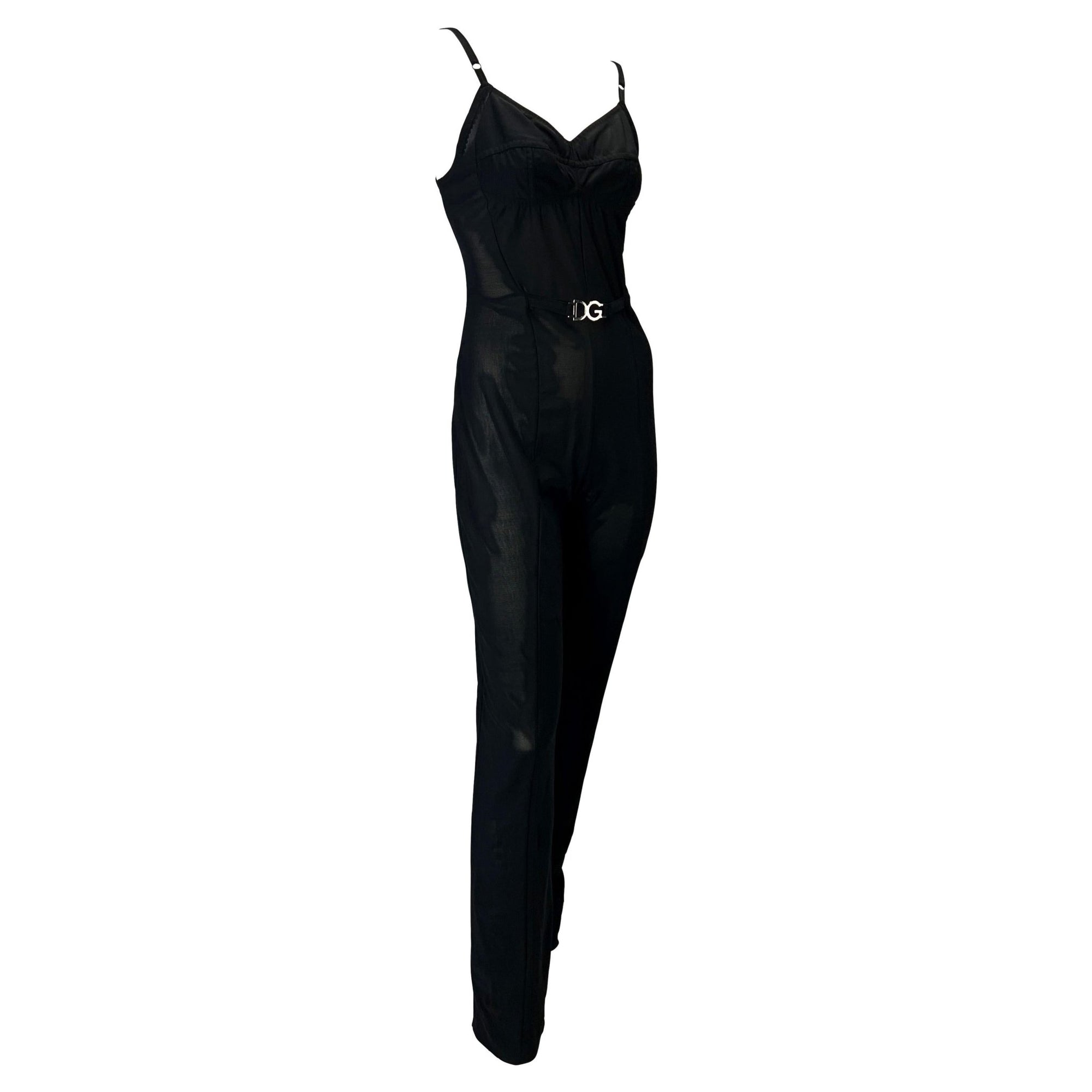 Mid 1990s Dolce & Gabbana DG Logo Buckle Sheer Black Bustier Stretch Catsuit - RealList