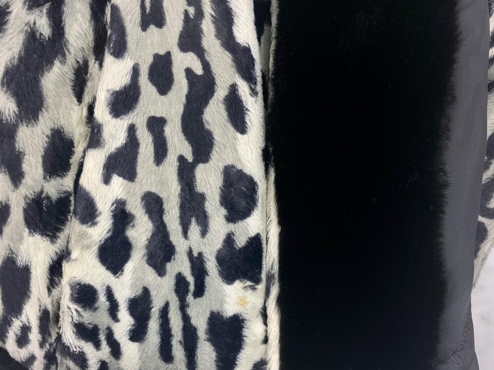 Mid 1990s Dolce & Gabbana White Leopard Print Black Faux Fur Wrap Coat - RealList